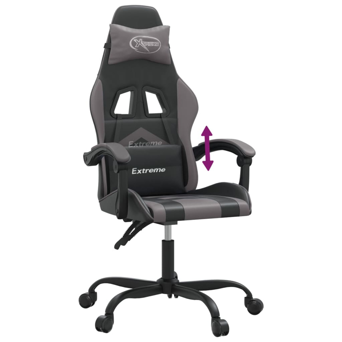 Ein grauer Gaming-Stuhl mit schwarzen Akzenten. Er hat eine Kopfstütze und Armlehnen mit dem Wort „Extreme“.