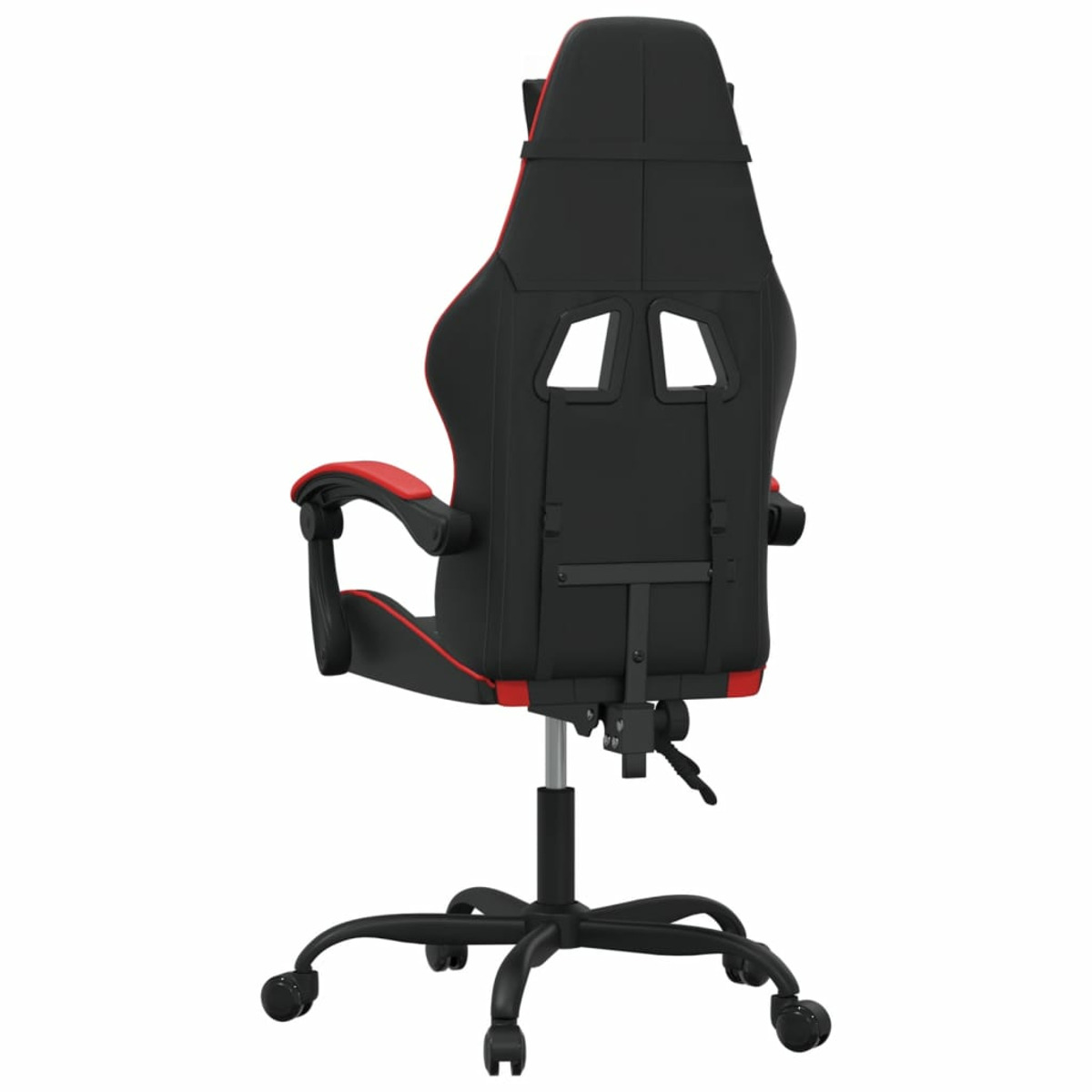 Rückansicht eines schwarzen Gaming-Stuhls mit roten Akzenten, vor weißem Hintergrund.