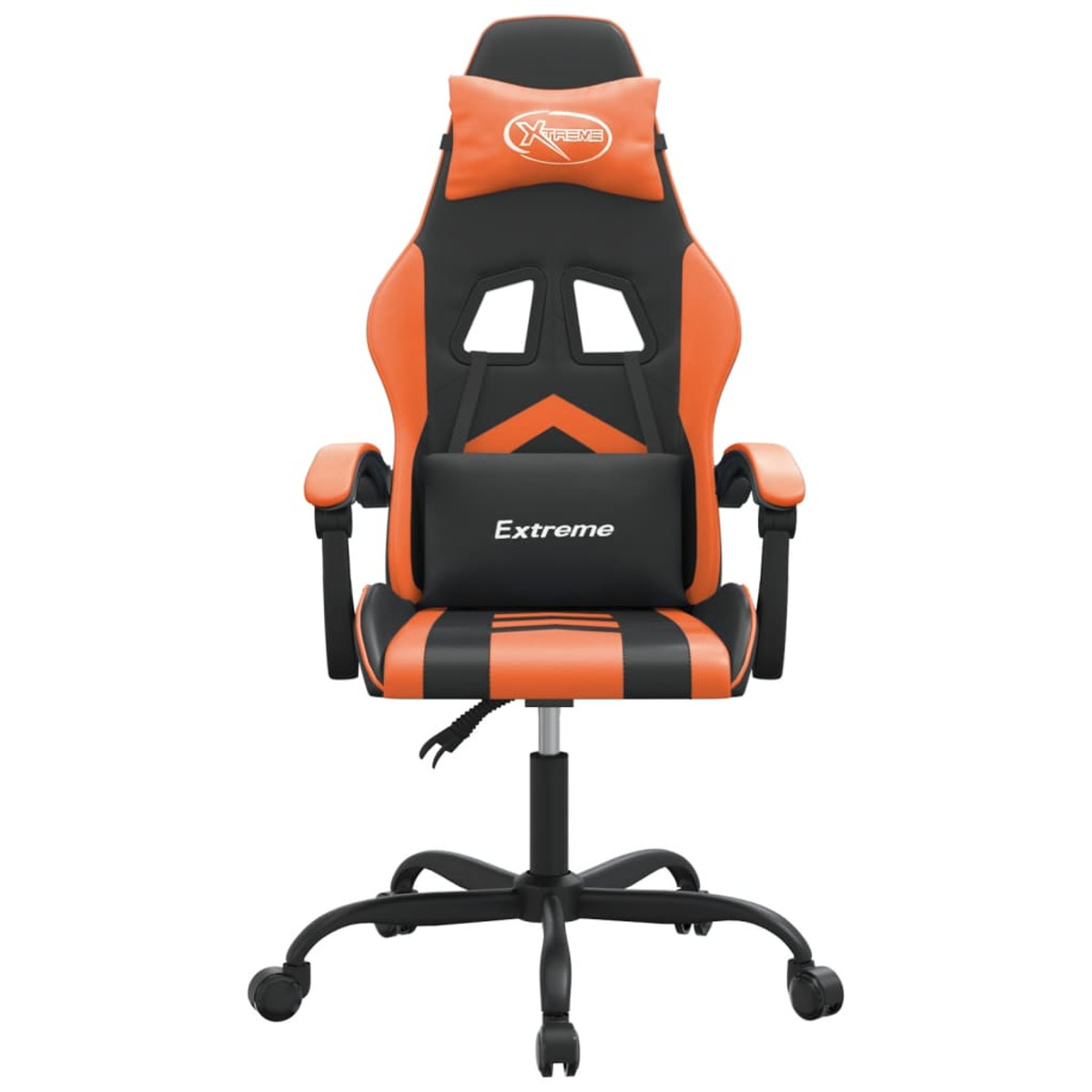Gaming-Stuhl, Vorderansicht, schwarz-oranges Design auf weißem Hintergrund.