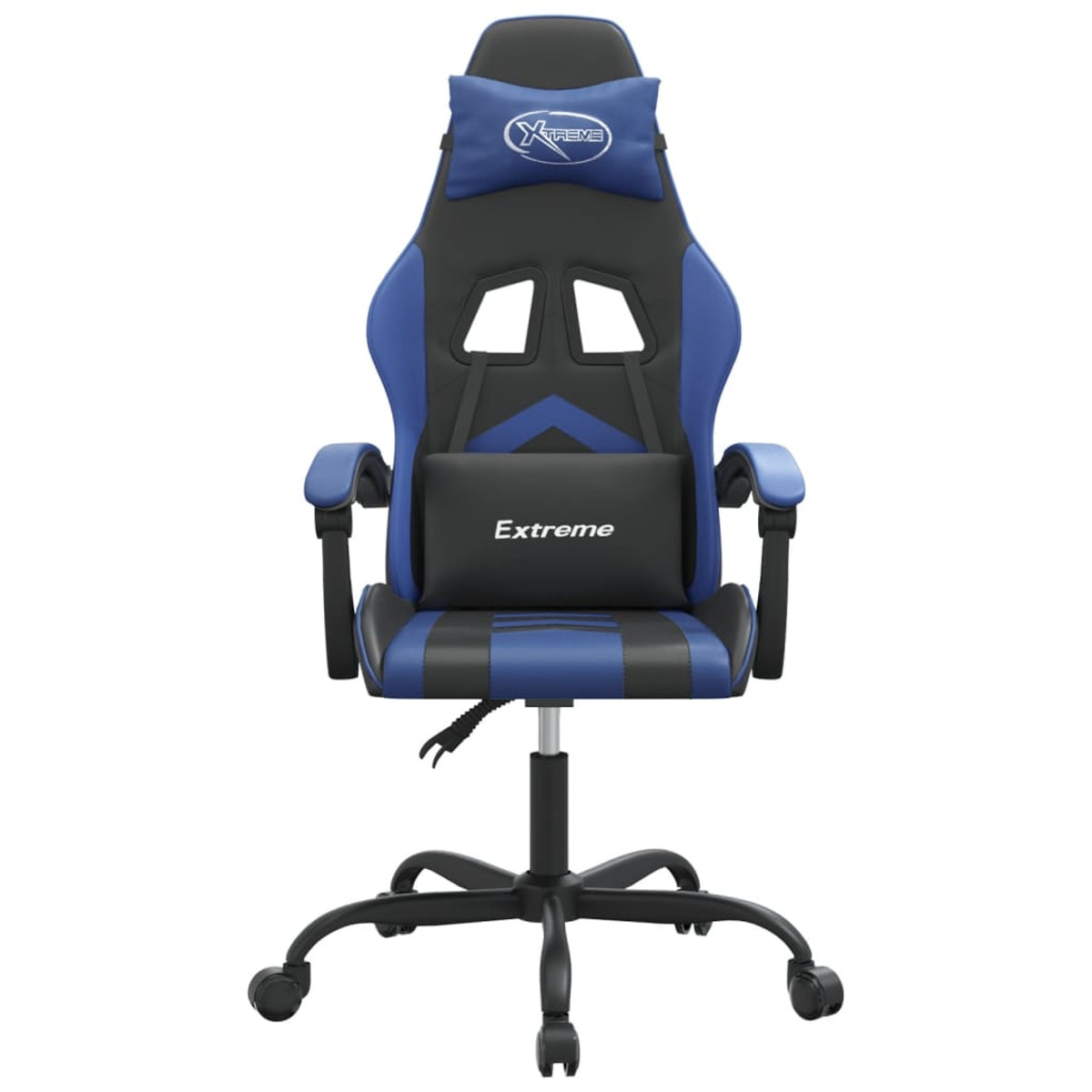 Blau-schwarzer Gaming-Stuhl mit Kopf- und Lendenwirbelstütze, schwarzem Fuß und Rollen.