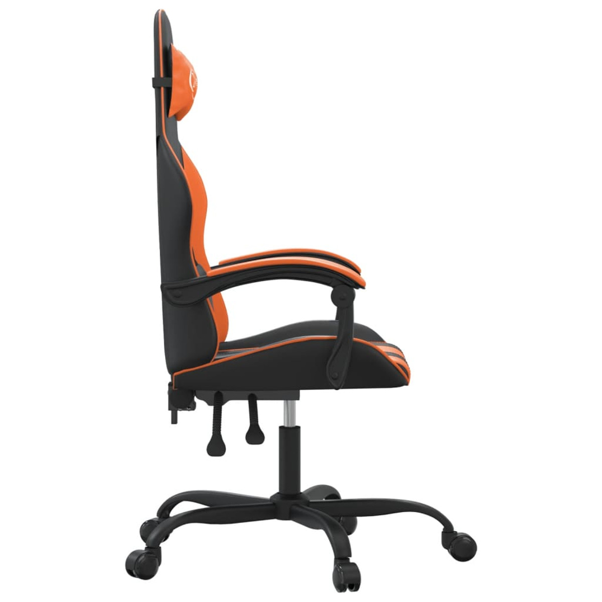 Seitenansicht eines orangefarbenen und schwarzen Gaming-Stuhls auf weißem Hintergrund.