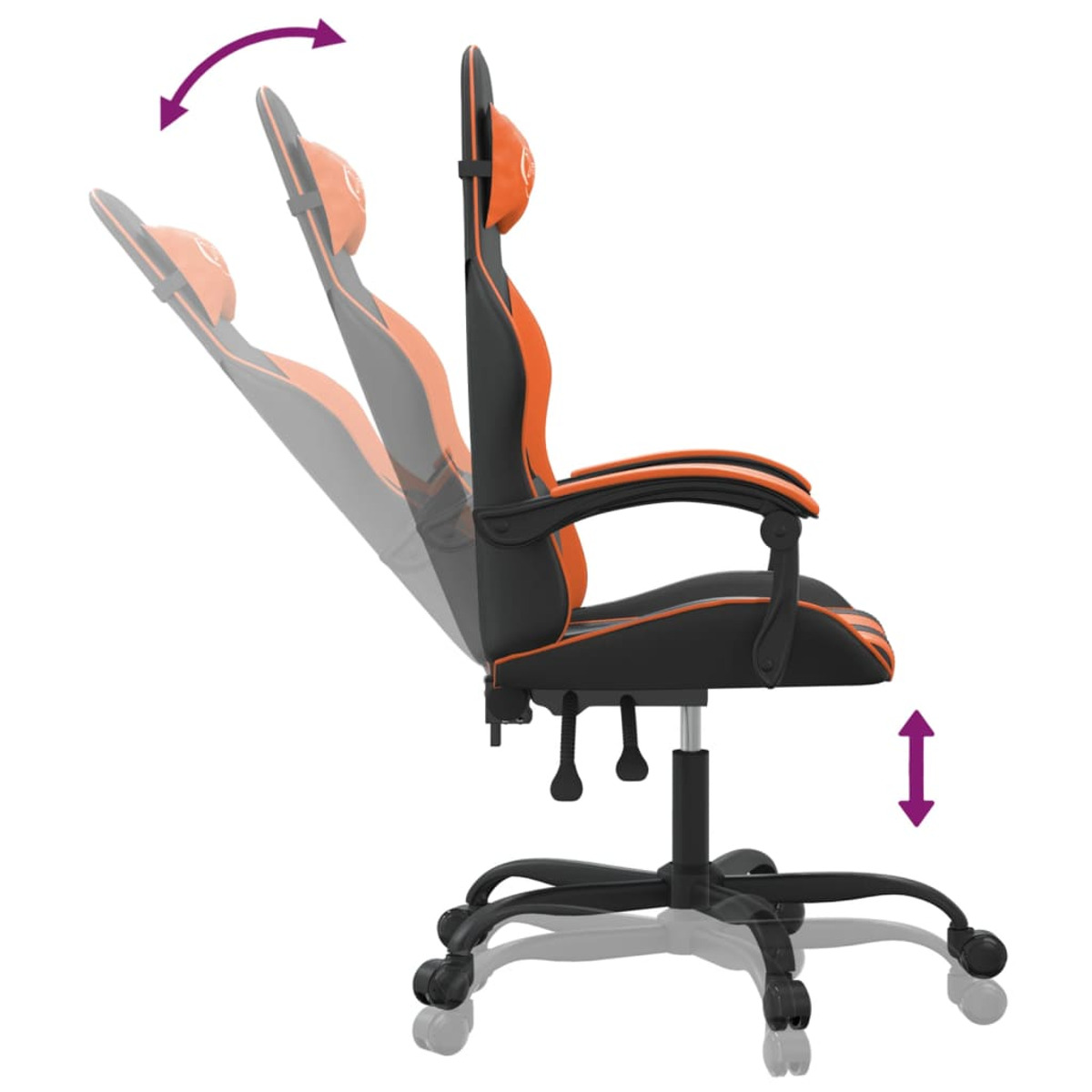 Orangener und schwarzer Gaming-Stuhl. Rückenlehne und Kopfstütze sind verstellbar, Stuhl hat Räder.