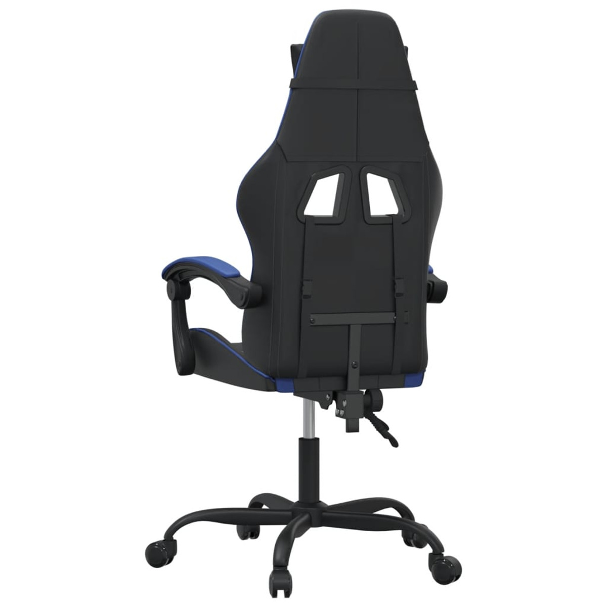 Gaming-Stuhl Rückansicht. Blaue Akzente, schwarzer Stuhl. Der Stuhl hat Aussparungen und schwarze Räder.