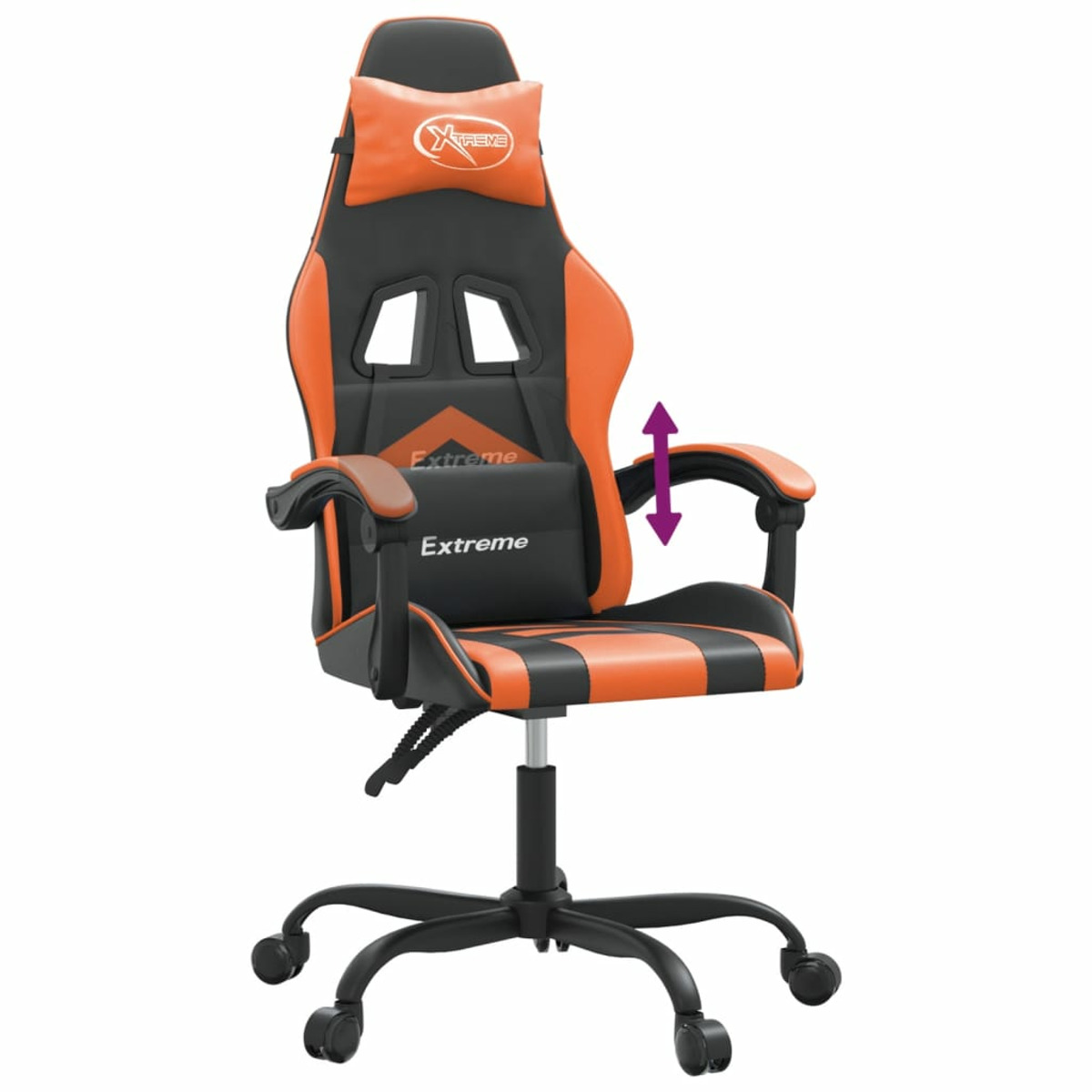 Orange-schwarzer Gaming-Stuhl, Pfeil zeigt verstellbare Armlehne. Stuhl hat Kopfstütze und schwarze Basis.