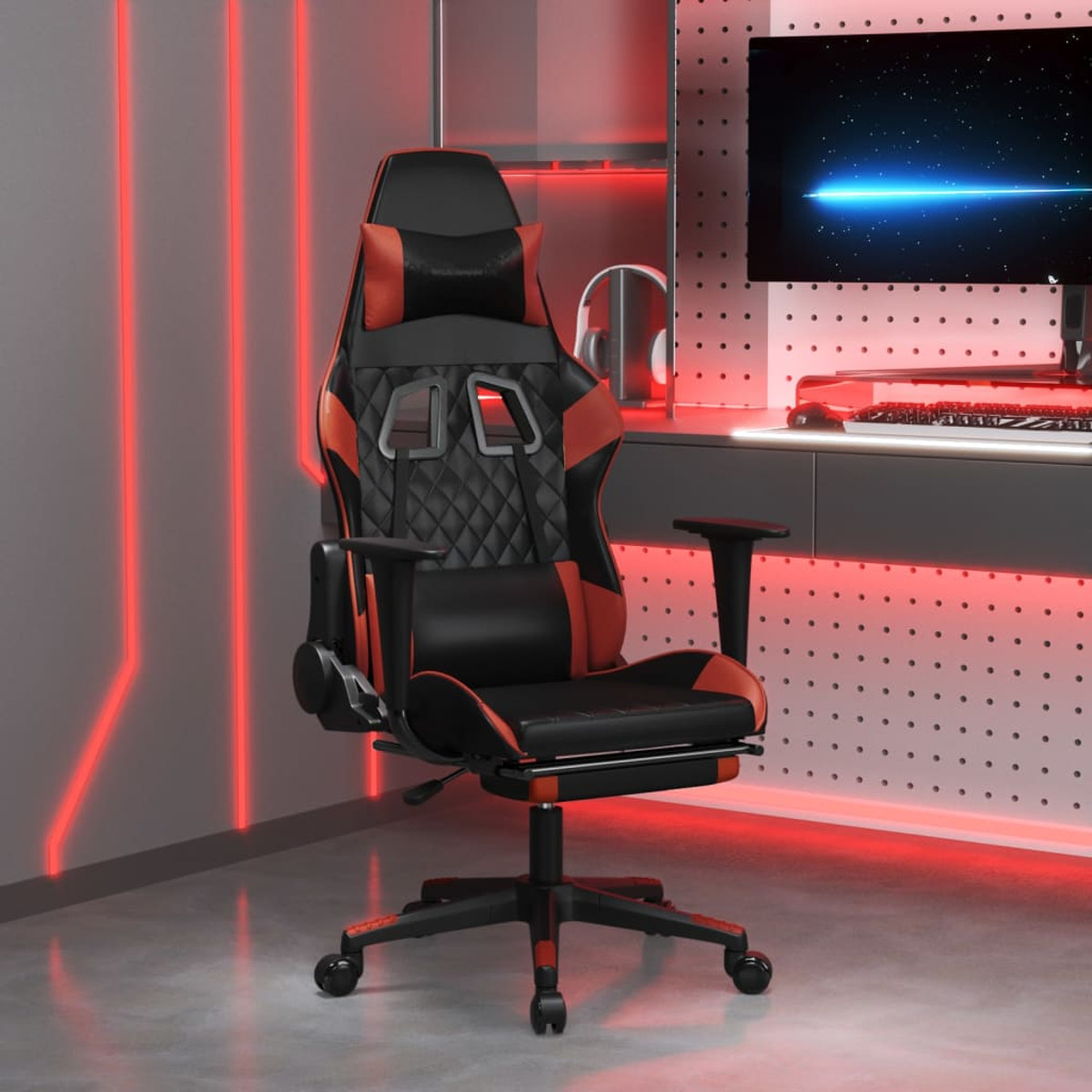 Ein schwarz-roter Gaming-Stuhl steht in einem Raum mit roten Neonlichtern, in der Nähe eines Computer-Setups.