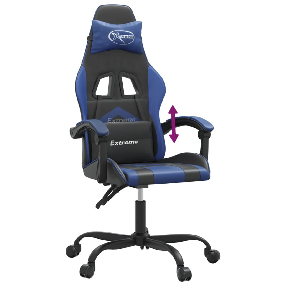 Gaming-Stuhl mit blauen und schwarzen Akzenten. Der Stuhl hat verstellbare Armlehnen und das Wort Extreme.