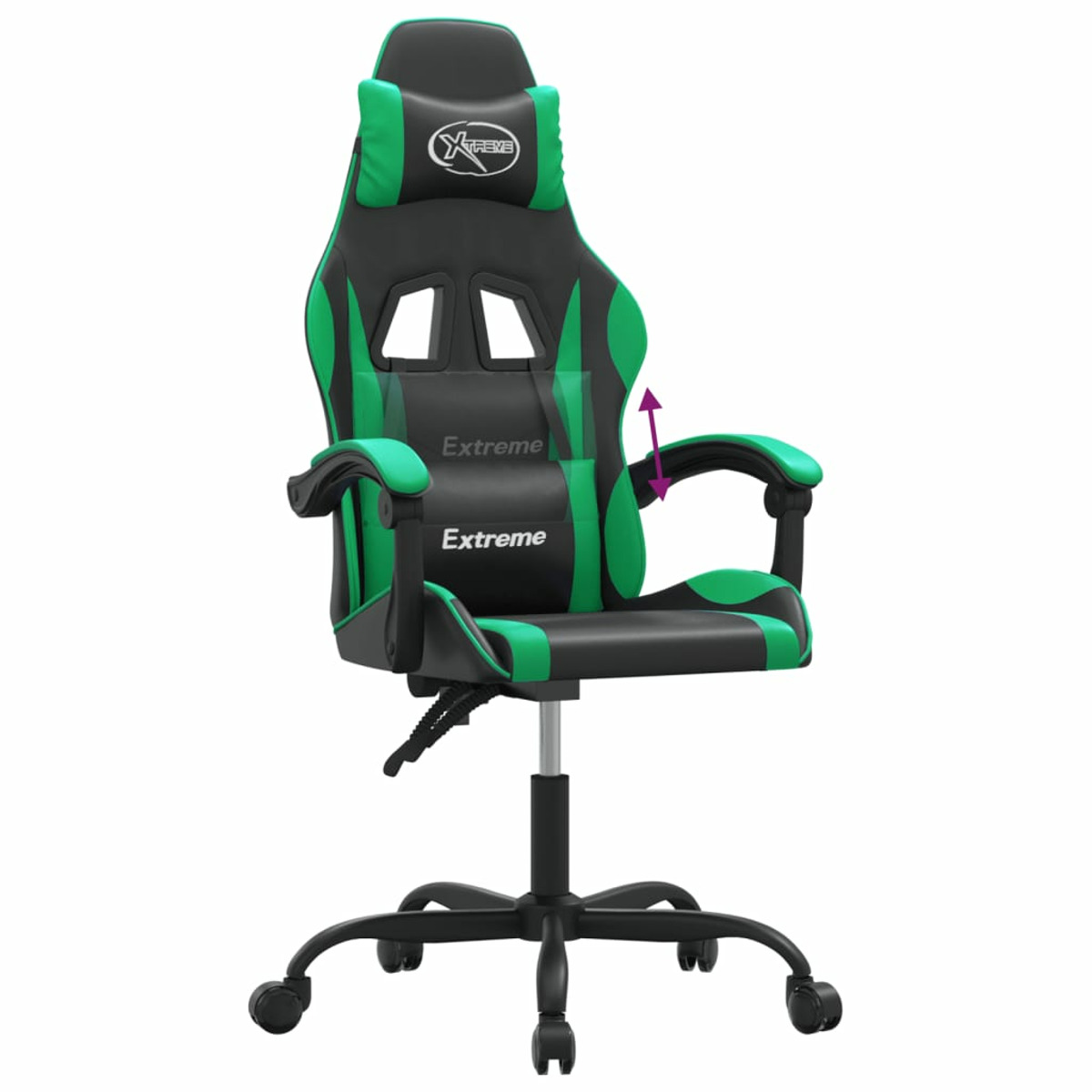 Schwarz-grüner Gaming-Stuhl mit Kopfstütze, Armlehnen und verstellbaren Teilen.