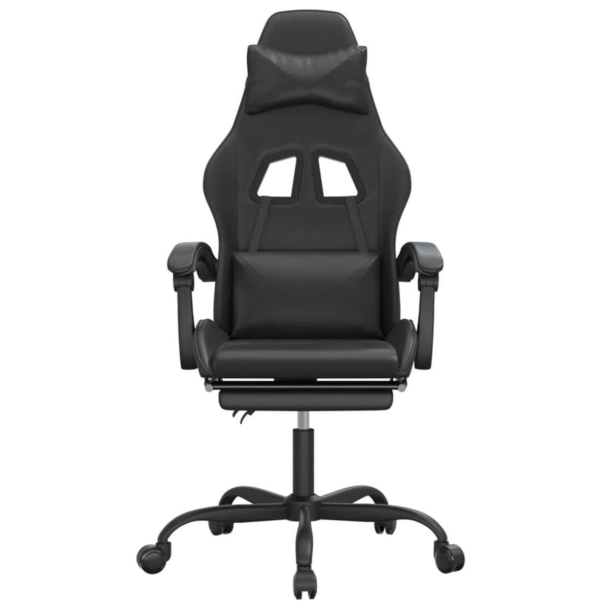 Schwarzer Gaming-Stuhl mit Kopfstütze, Lordosenstütze, Armlehnen, Fußstütze und Rollen auf weißem Hintergrund.