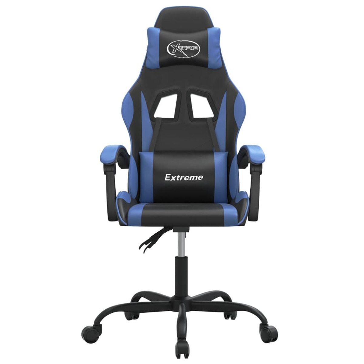 Blau-schwarzer Gaming-Stuhl, mit schwarzem Sockel und Armlehnen. Weißer Hintergrund.