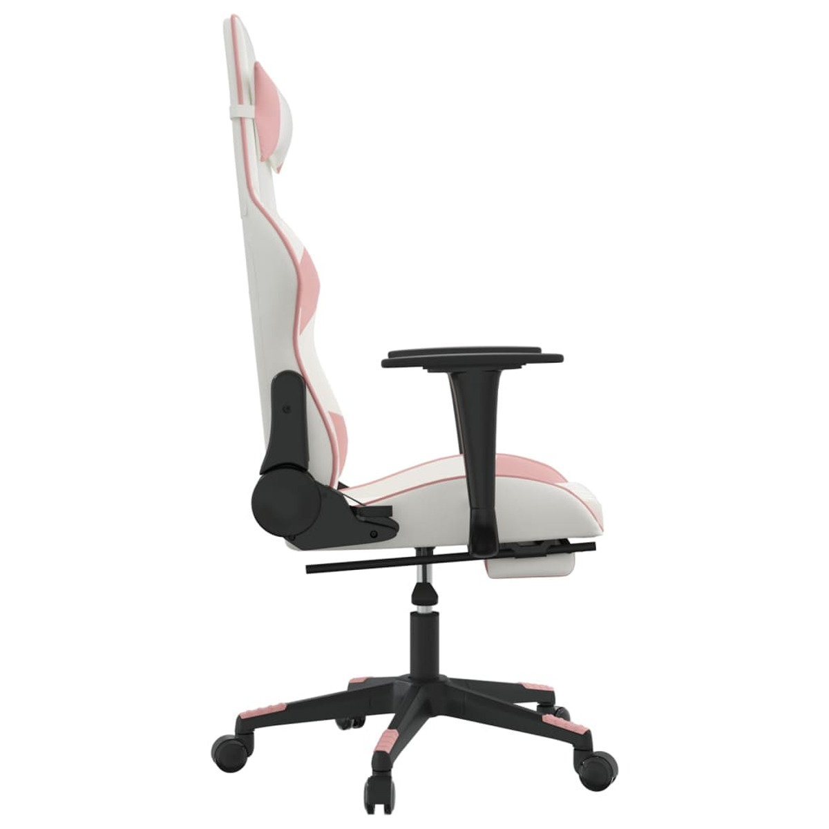 Seitenansicht eines weiß-rosa Gaming-Stuhls mit schwarzen Armlehnen und Untergestell.