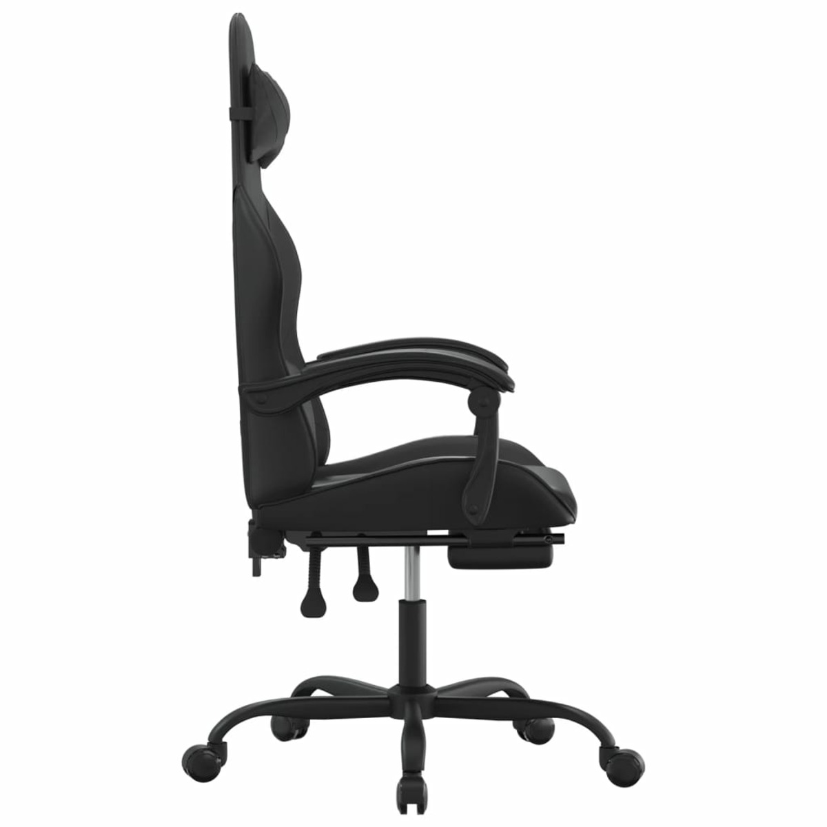 Seitenansicht eines schwarzen Gaming-Stuhls. Er hat einen hohen Rücken, Armlehnen und einen Sockel mit Rädern.