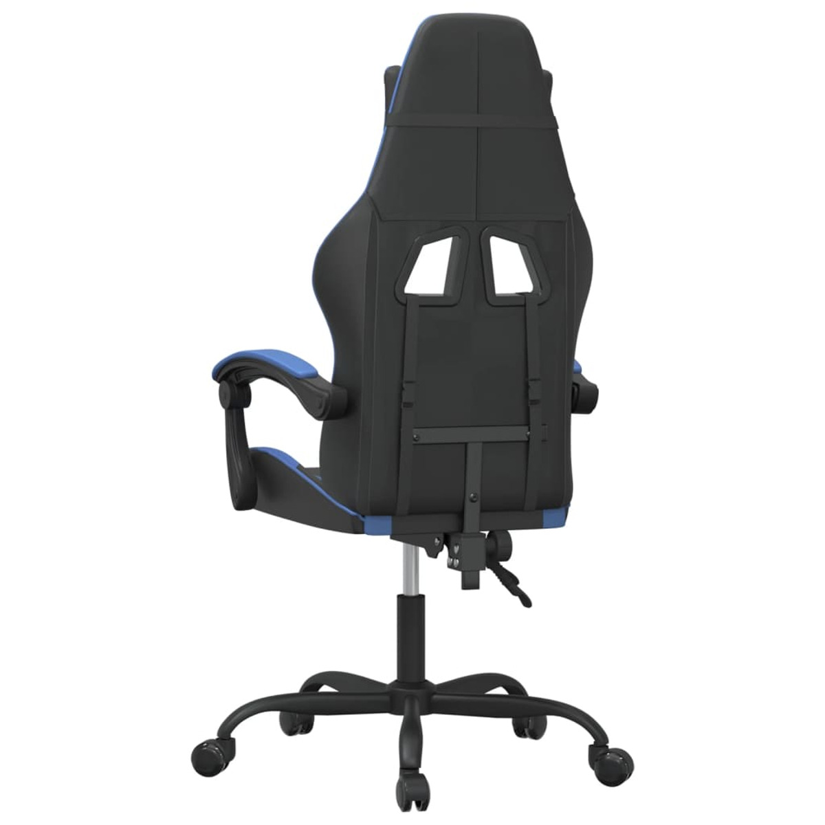 Rückansicht eines blau-schwarzen Gaming-Stuhls. Der Stuhl steht auf einem schwarzen Sockel.