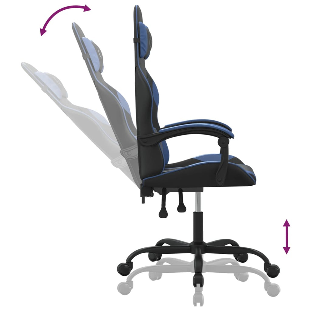 Gaming-Stuhl, Seitenansicht, verstellbare Rückenlehne und Kopfstütze. Blaues und schwarzes Farbschema.