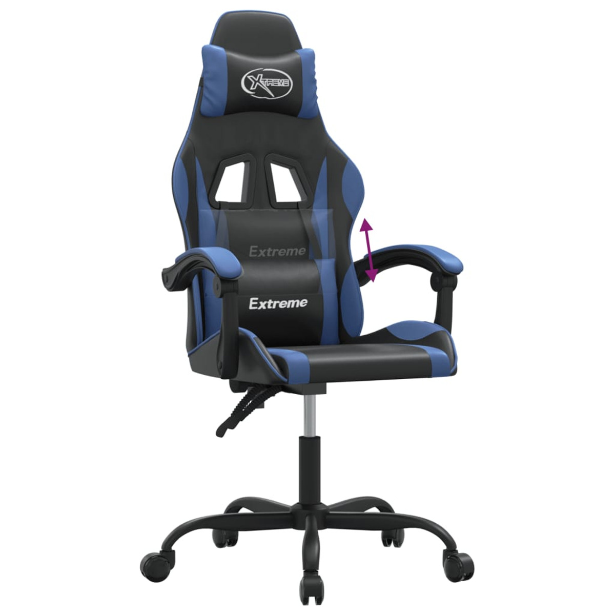 Blauer und schwarzer Gaming-Stuhl mit verstellbaren Armlehnen. Mit Extreme-Logo auf Kopf- und Rückenlehne.