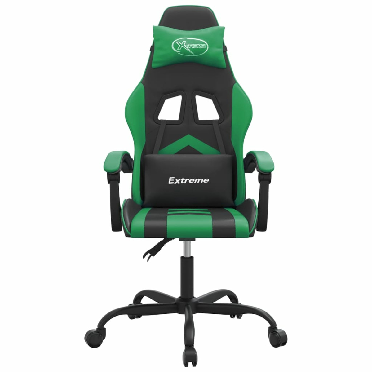 Grüner und schwarzer Gaming-Stuhl, Vorderansicht, mit 'Extreme'-Logo und Fußstütze.