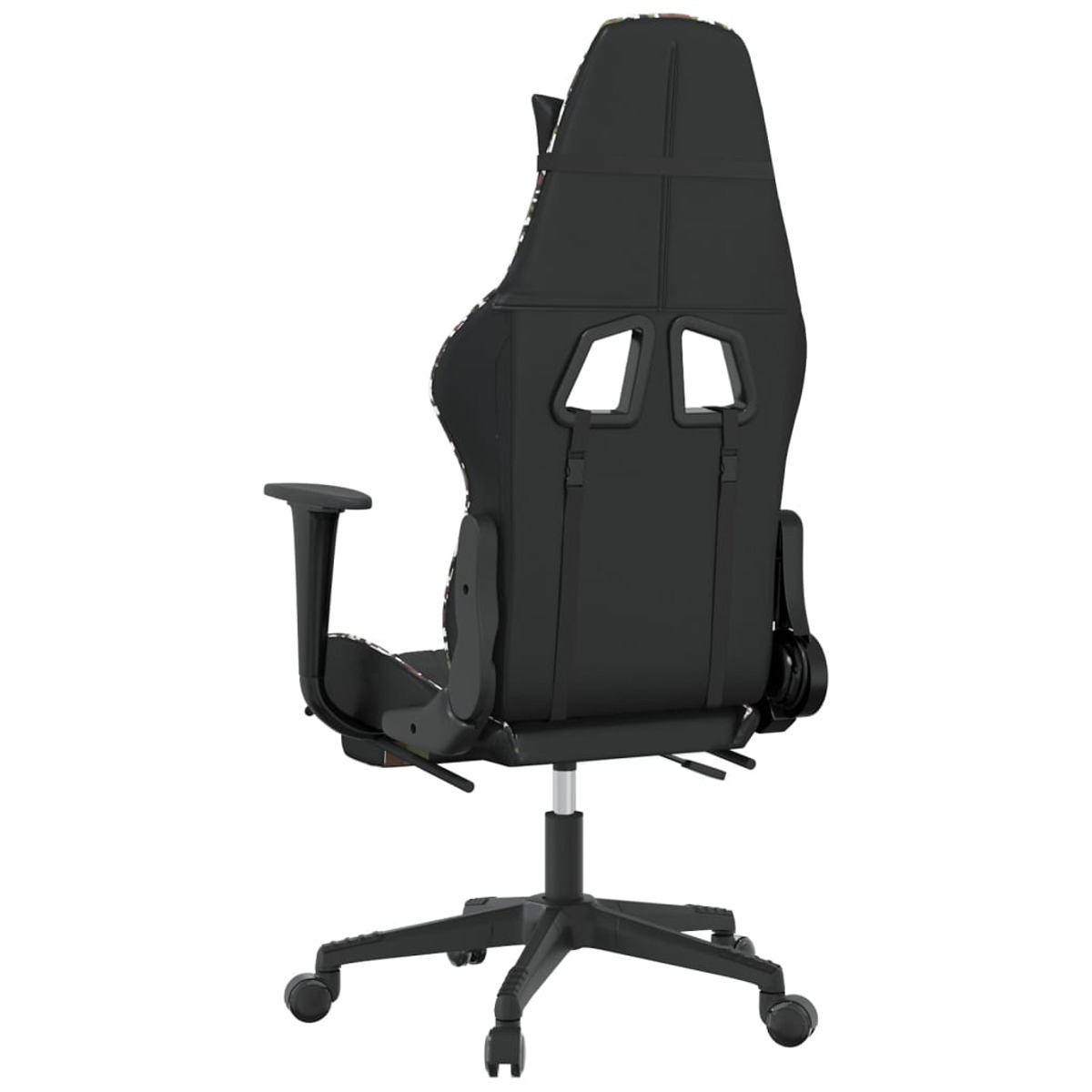 Schwarzer Gaming-Stuhl. Rückansicht, schwarzes Gestell mit Rädern. Gemusterte Rückenlehne.