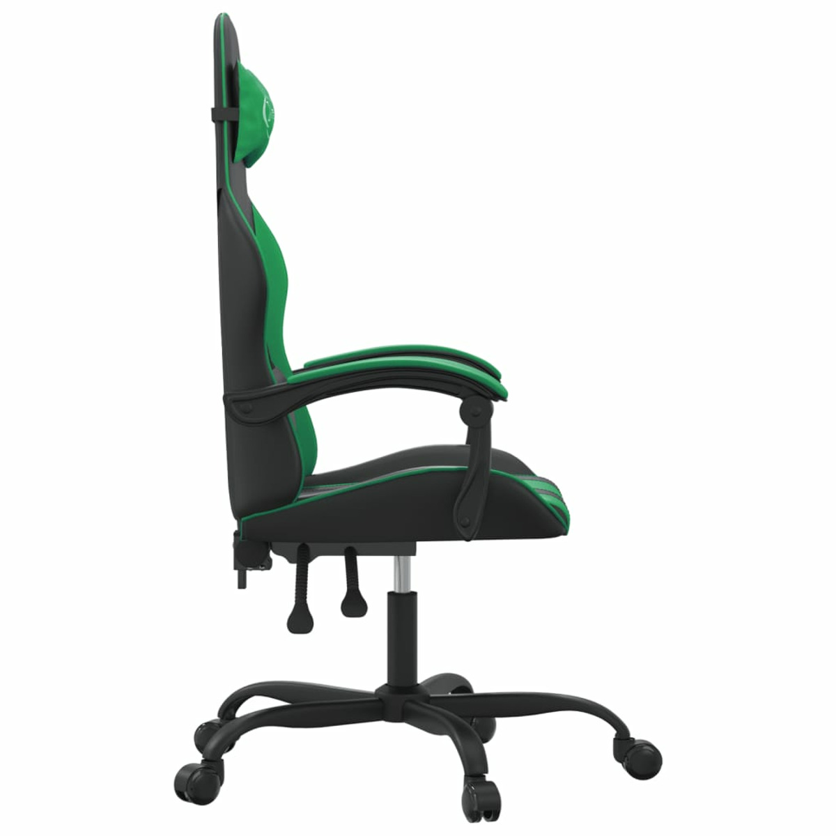 Ein Gaming-Stuhl im Profil, schwarz mit grünen Akzenten. Er ist auf weißem Hintergrund isoliert.