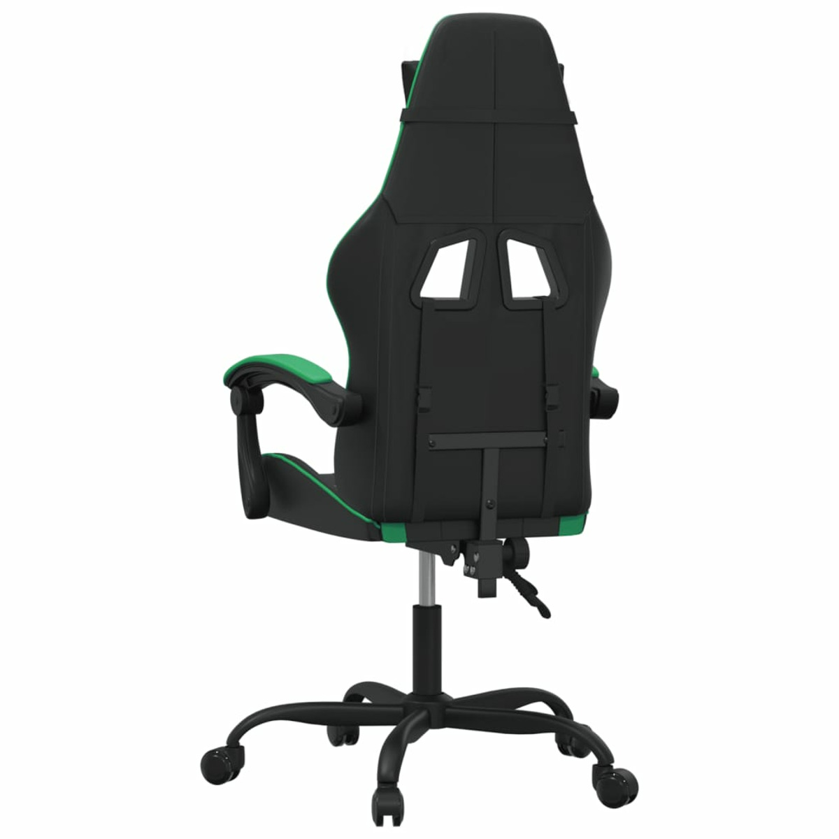 Gaming-Stuhl Rückansicht, schwarz mit grünen Akzenten, auf weißem Hintergrund.