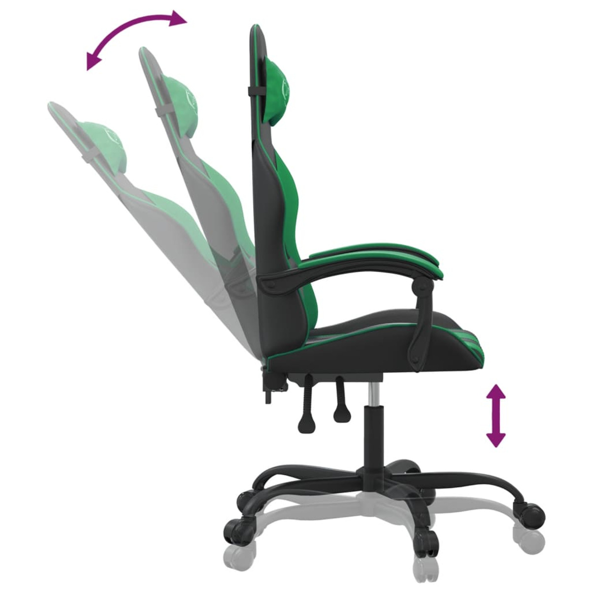 Gaming-Stuhl mit Einstellpfeilen. Er ist schwarz und grün. Der Stuhl steht auf weißem Hintergrund.