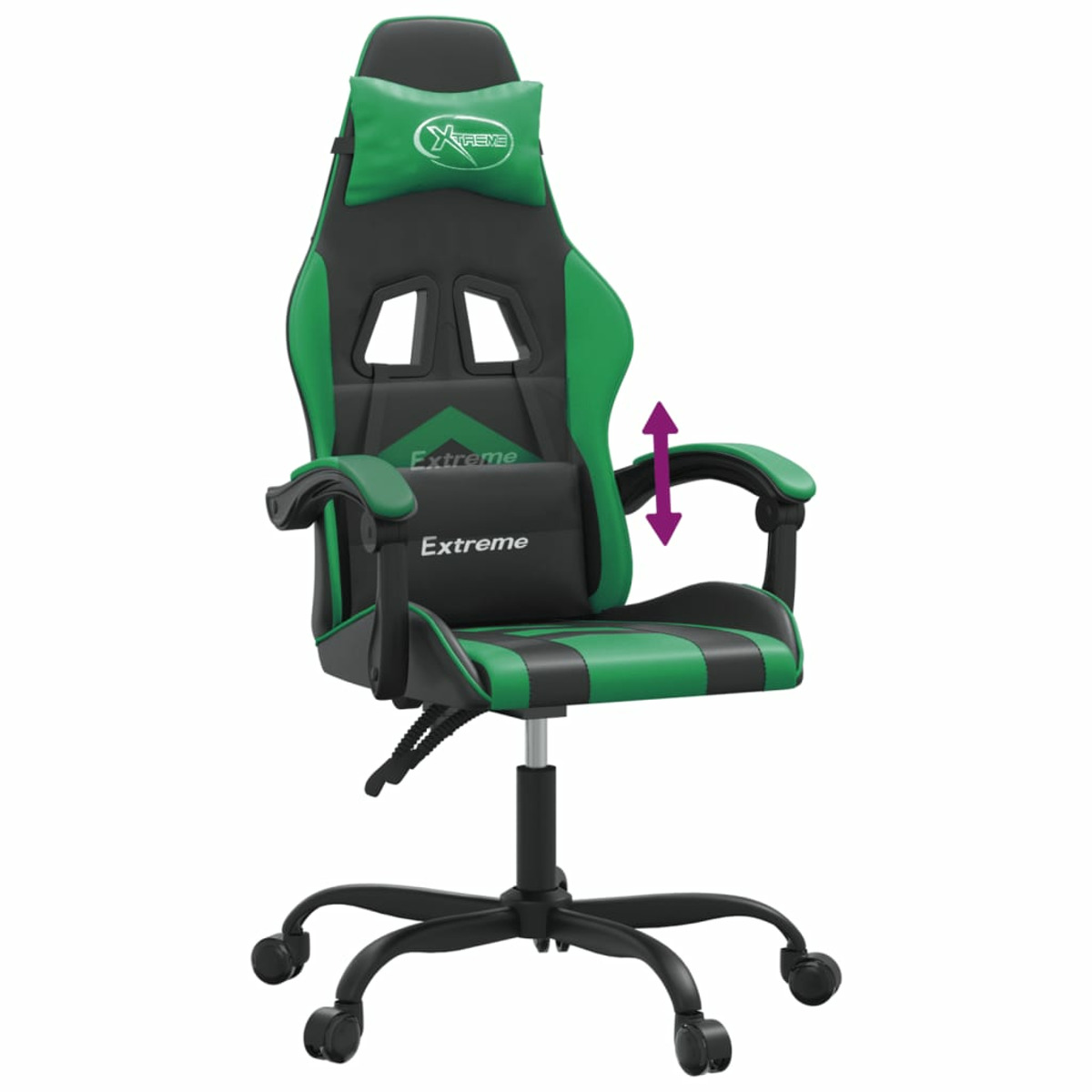 Grüner Gaming-Stuhl, verstellbare Arme, schwarzes Gestell.