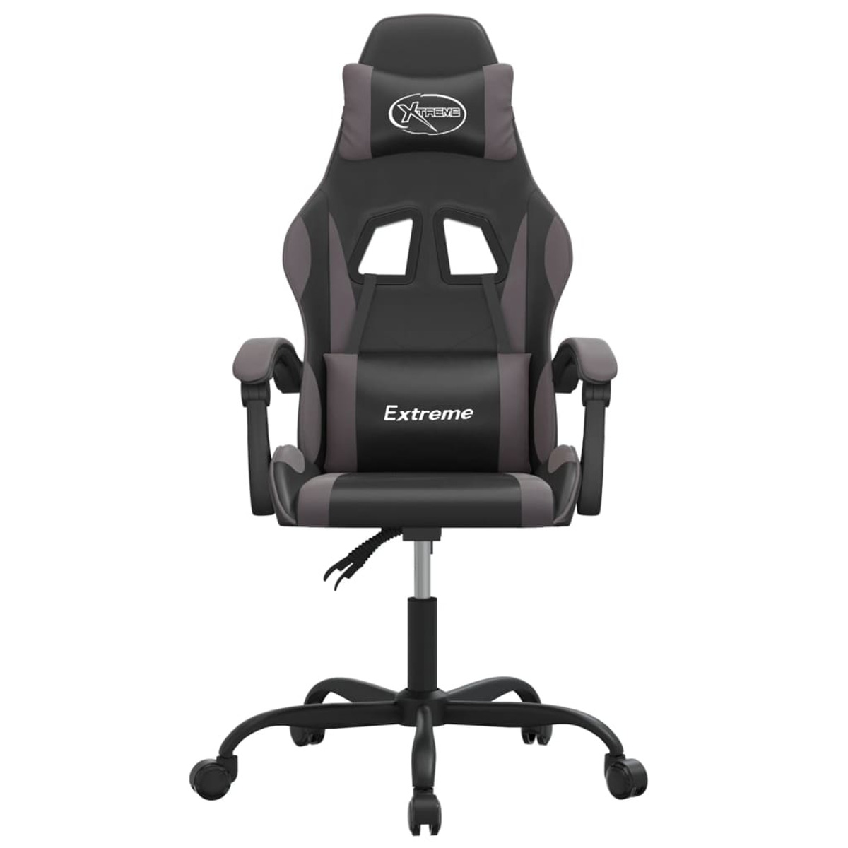Schwarzer und grauer Gaming-Stuhl mit dem Wort „Extreme“ darauf.