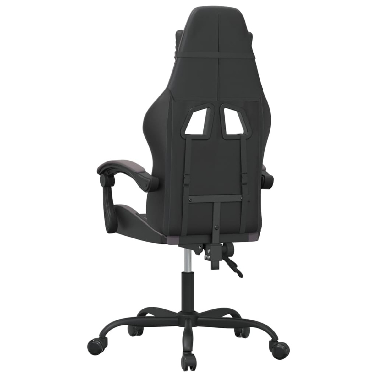 Rückseite eines schwarzen Gaming-Stuhls. Er hat eine hohe Rückenlehne, Aussparungen und ein Metallgestell. Schwarze Räder.