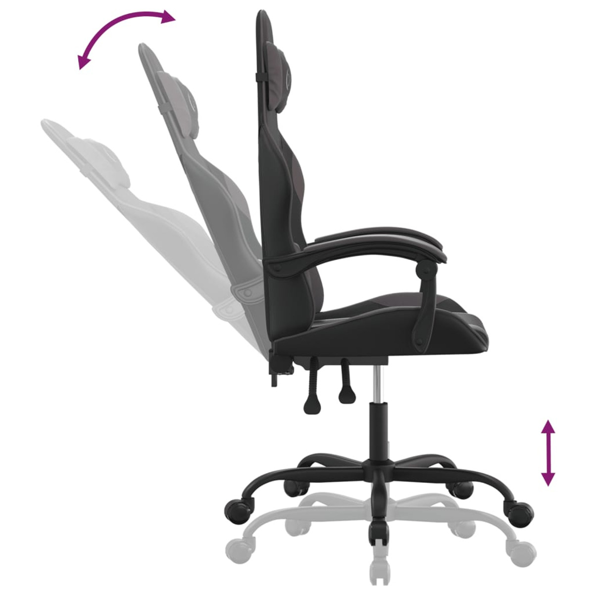 Ein schwarzer Gaming-Stuhl, der die verstellbare Neigung und Höhenverstellung demonstriert.