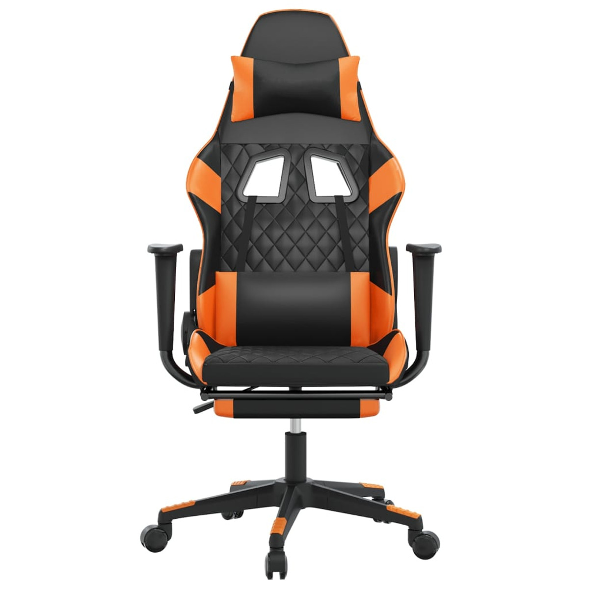 Schwarzer und orangener Gaming-Stuhl mit Fußstütze, Kopfstütze und Logo, auf weißem Hintergrund.