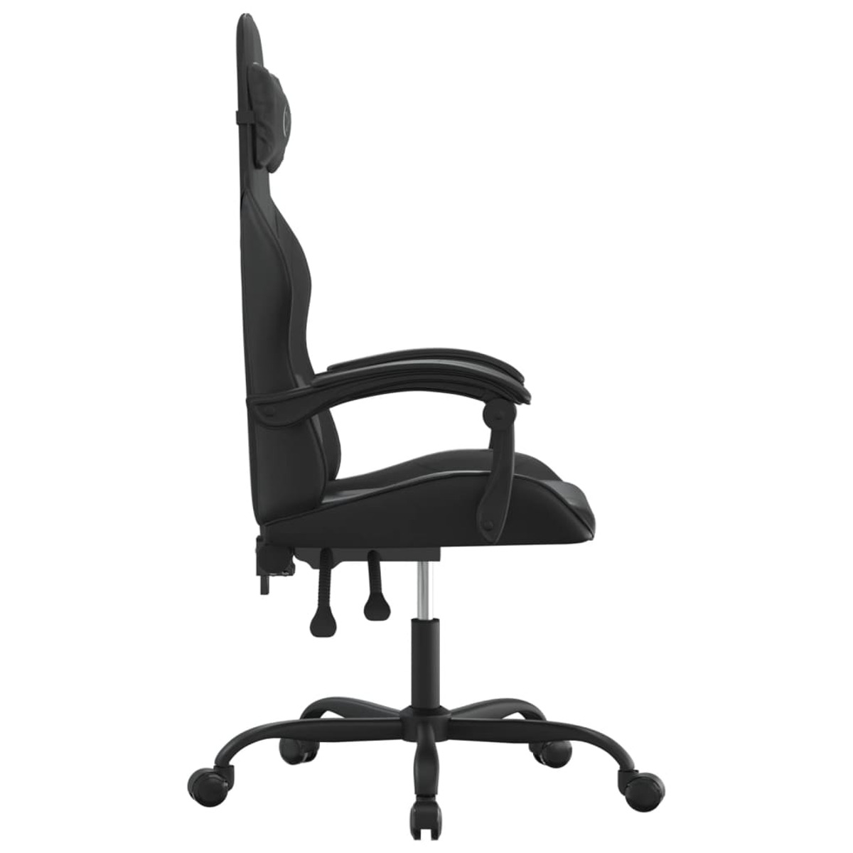 Schwarzer Gaming-Stuhl, Seitenansicht. Der Stuhl hat einen hohen Rücken, Armlehnen und ein Sternfuß.