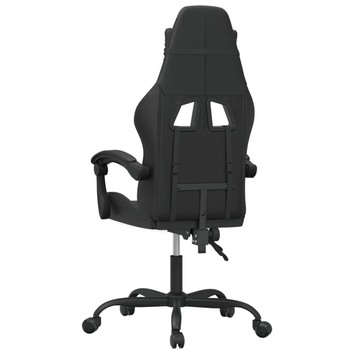 Schwarzer Gaming-Stuhl-Rücken. Hohe Rückenlehne mit Aussparungen, Armlehnen und einer Fünf-Sterne-Basis mit Rollen. Leer.
