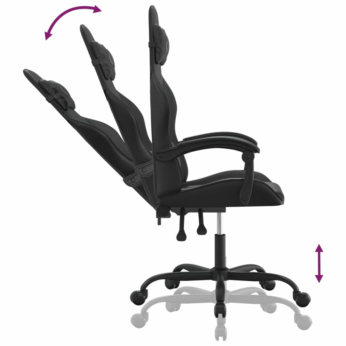 Schwarzer ergonomischer Gaming-Stuhl, verstellbare Kopfstütze, Rückenlehne und Armlehnen auf weißem Hintergrund.