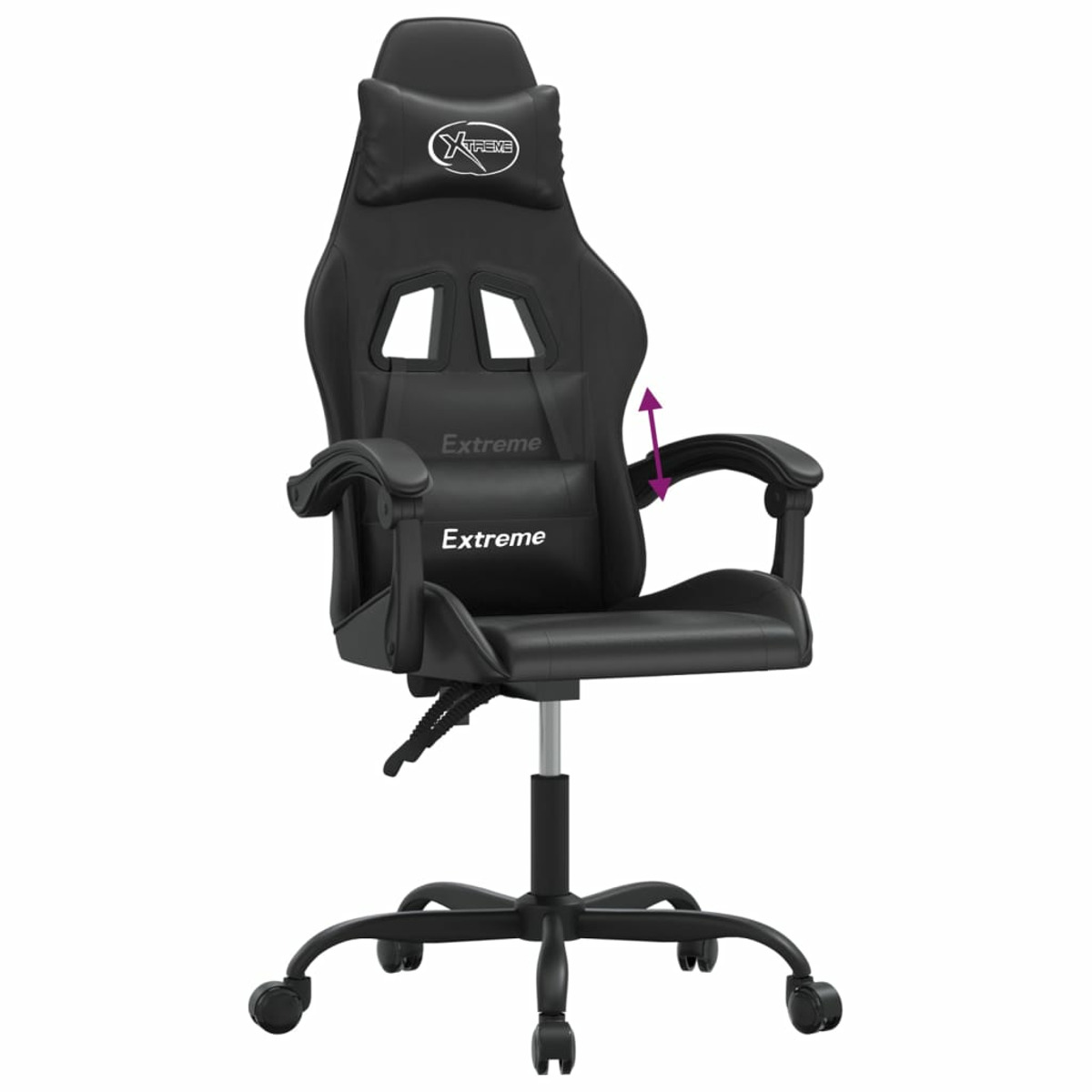 Schwarzer Gaming-Stuhl mit Kopfstütze, Armlehnen und 'Extreme'-Logo.