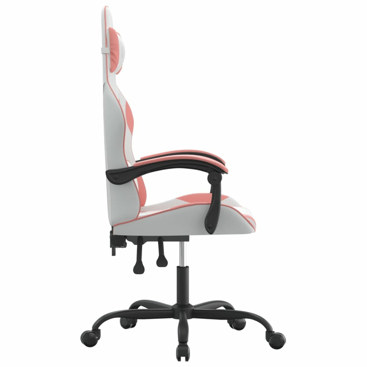 Gaming-Stuhl, Seitenansicht. Er ist weiß, rosa und schwarz. Er hat eine schwarze Basis.