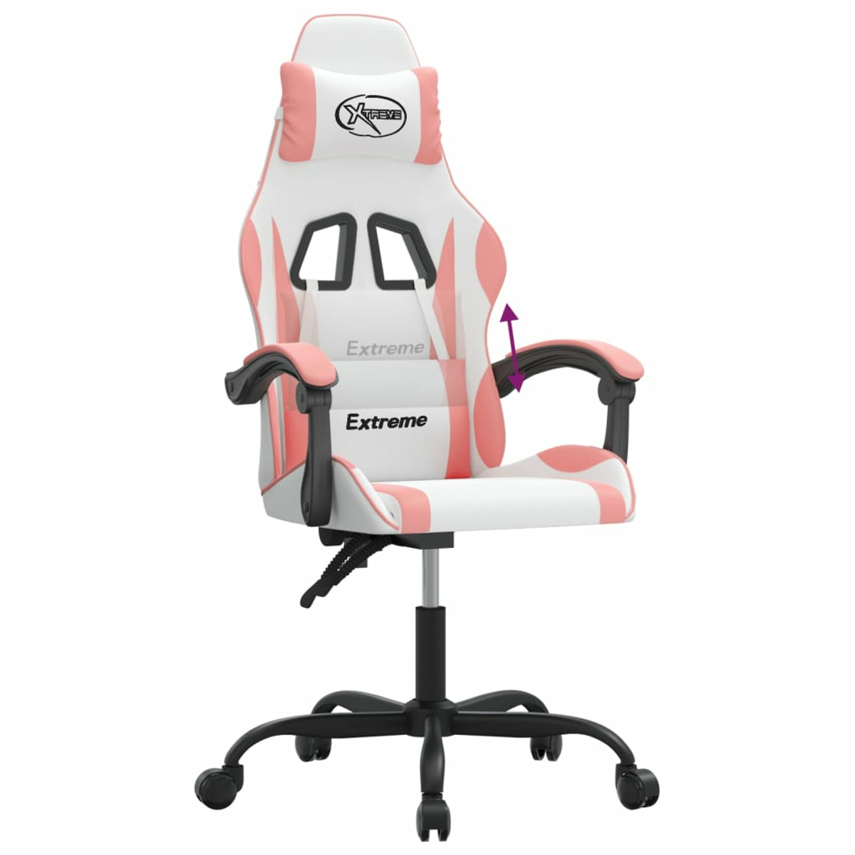 Rosa-weißer Gaming-Stuhl mit verstellbaren Armlehnen, weißer Hintergrund.