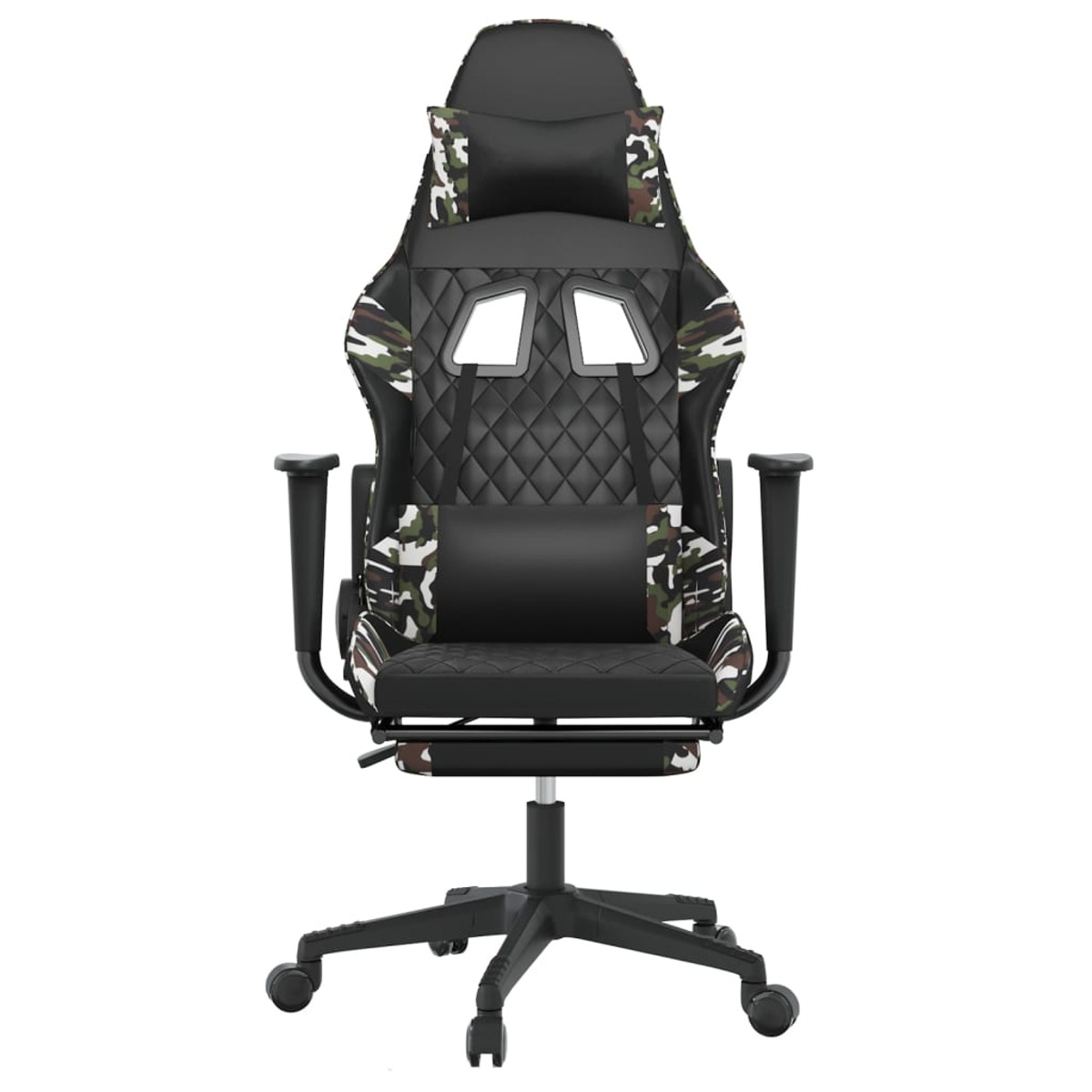 Gaming-Stuhl im Tarnmuster. Er hat eine hohe Rückenlehne, Armlehnen und eine Fußstütze.