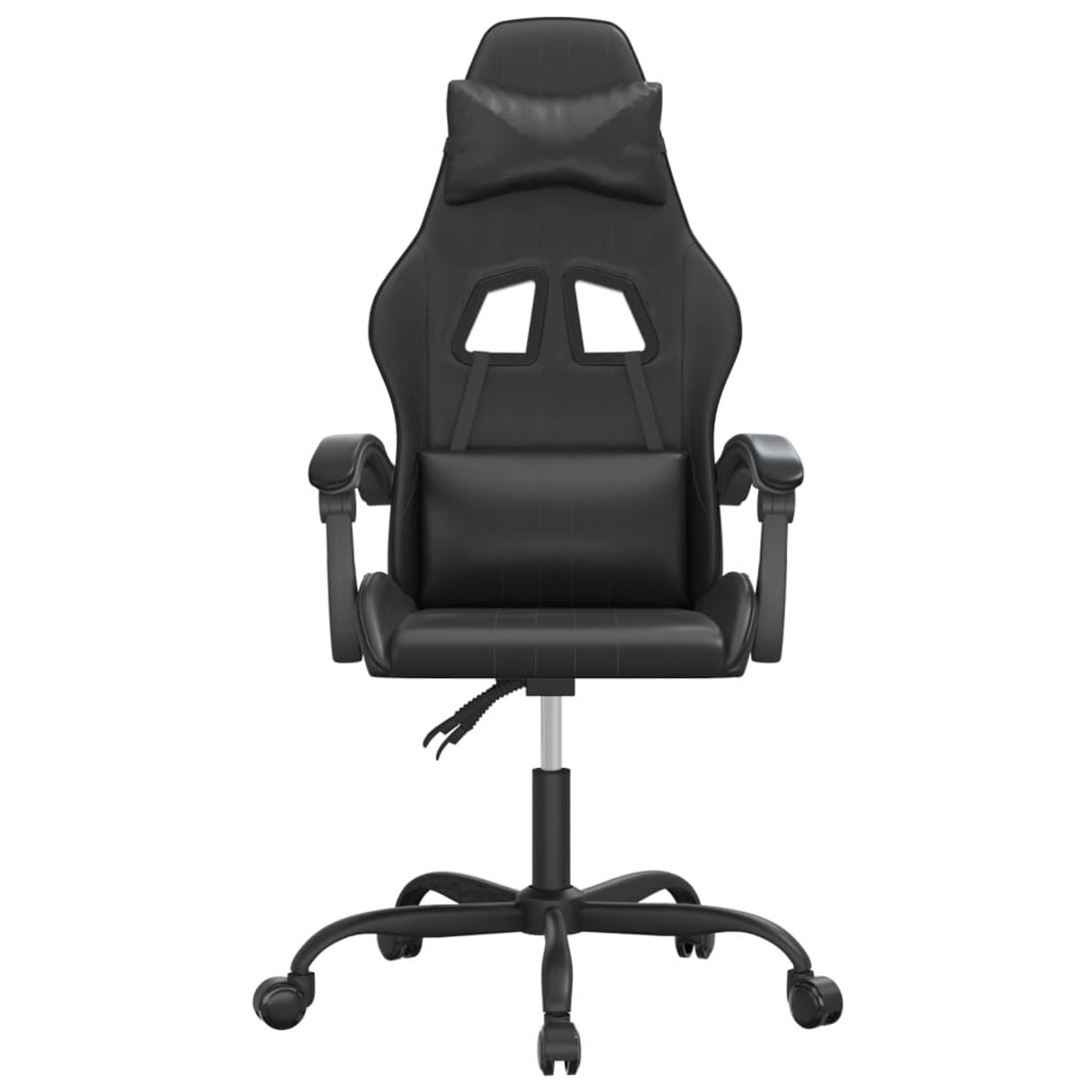Schwarzer Gaming-Stuhl, Vorderansicht, mit Kopfstütze und Armlehnen, auf weißem Hintergrund.