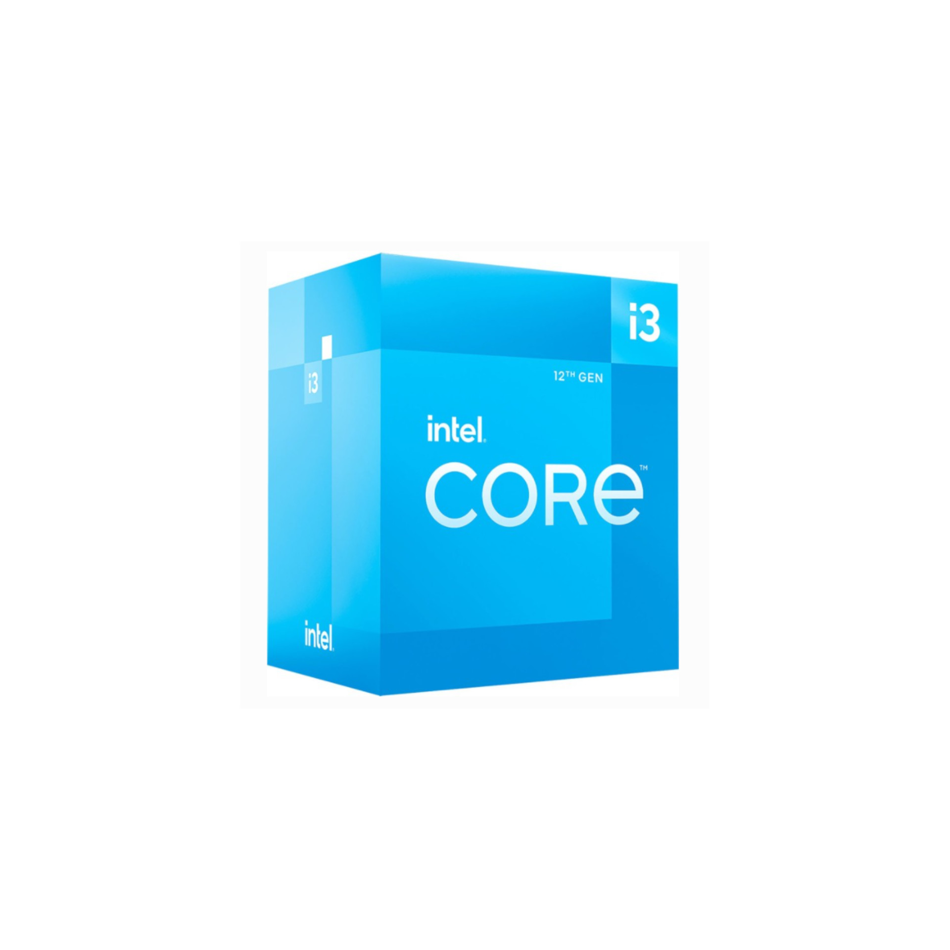Niebieskie pudełko z etykietą Intel Core i3 12. generacji. Białe tło.