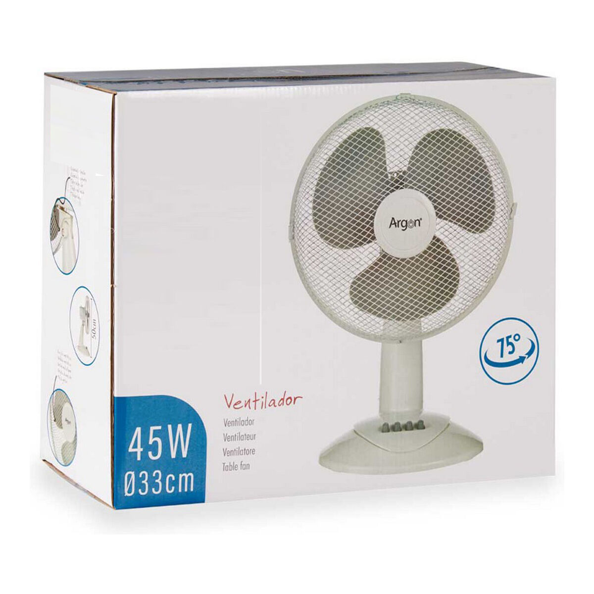 Un ventilador de escritorio blanco en una caja. La caja tiene el nombre y las especificaciones del ventilador, incluyendo 45W y 33cm.