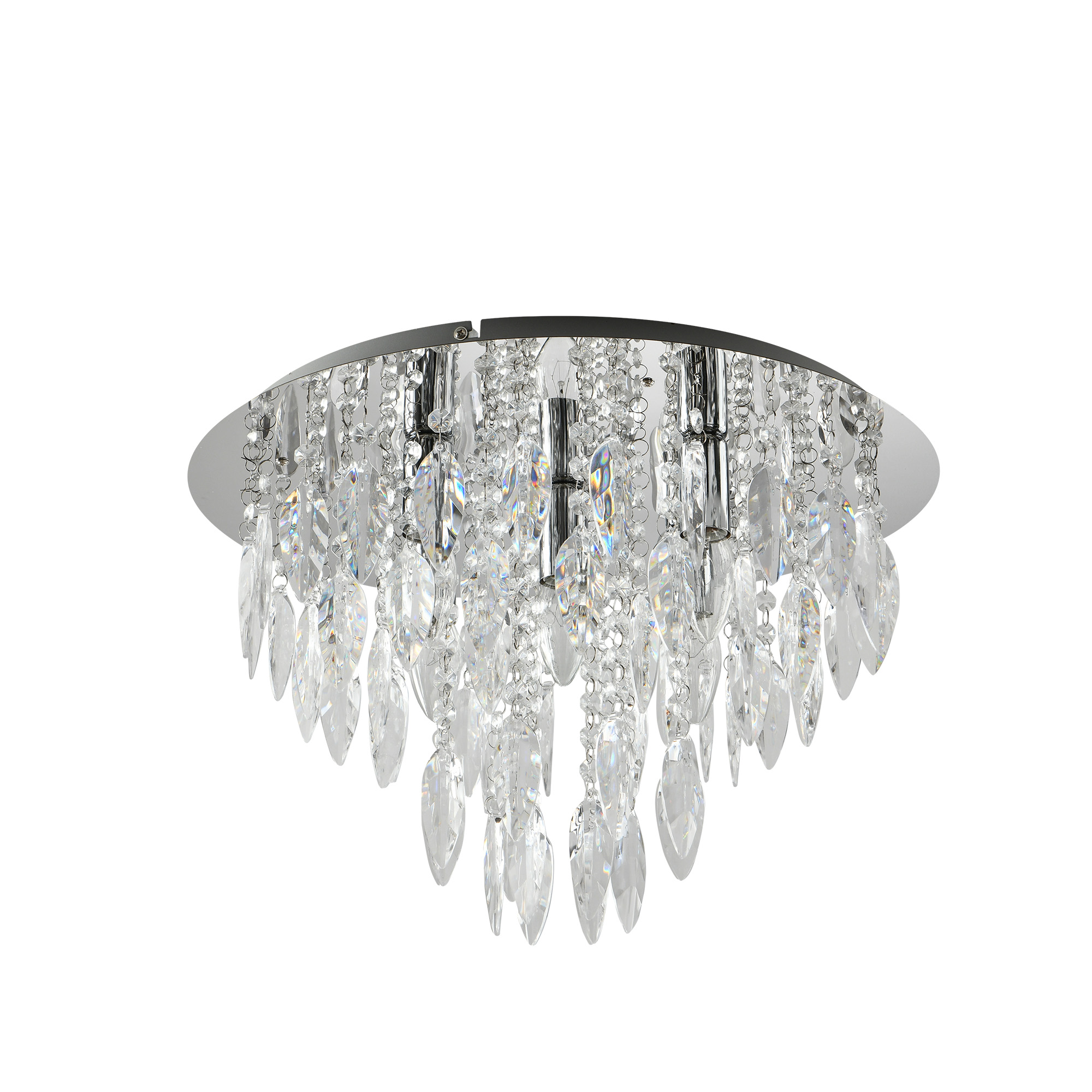 Silberne Deckenlampe mit Kristallen. Weißer Hintergrund. Modernes Kronleuchter-Design.