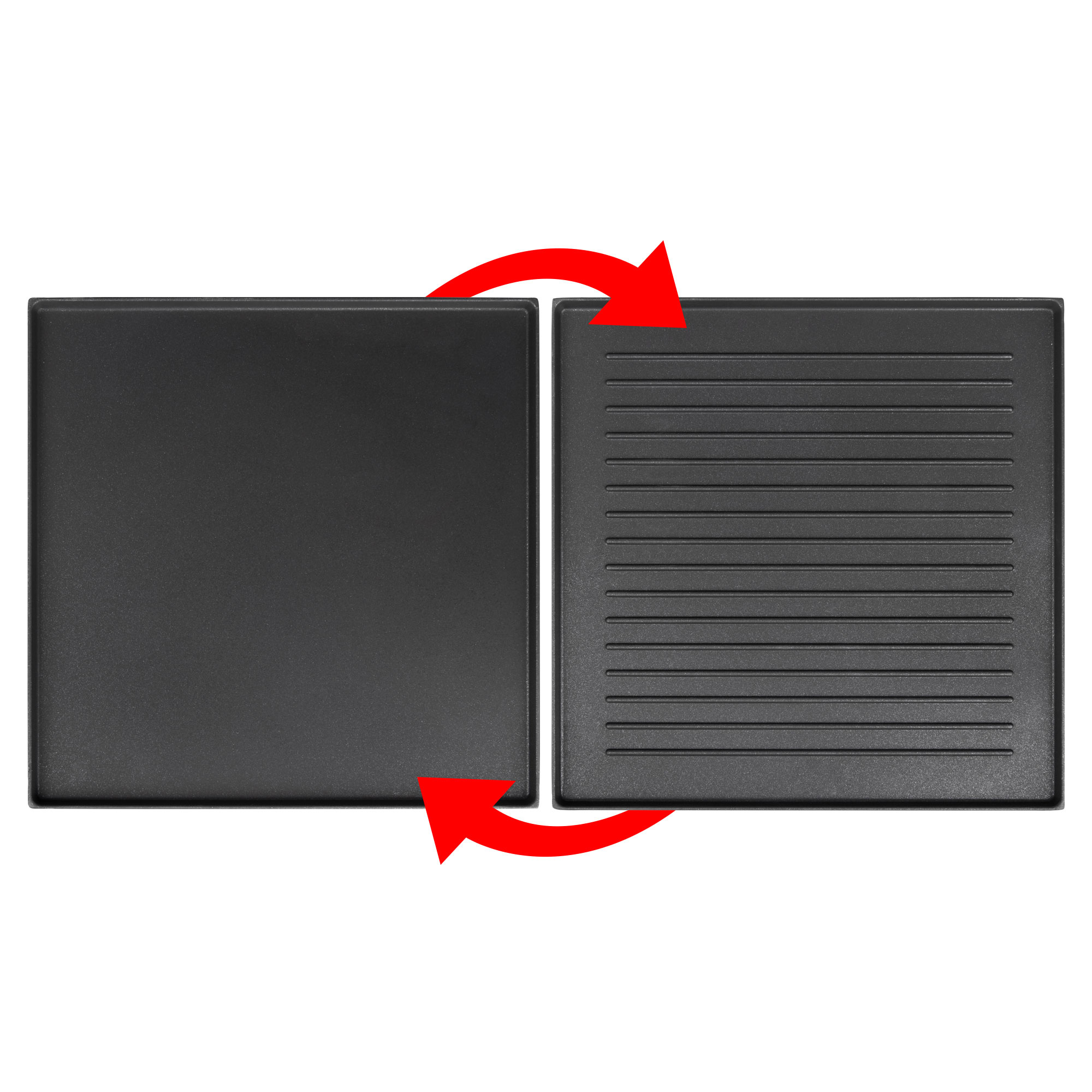 Czarny dwustronny grill, z gładką powierzchnią po jednej stronie i żebrowaną po drugiej.