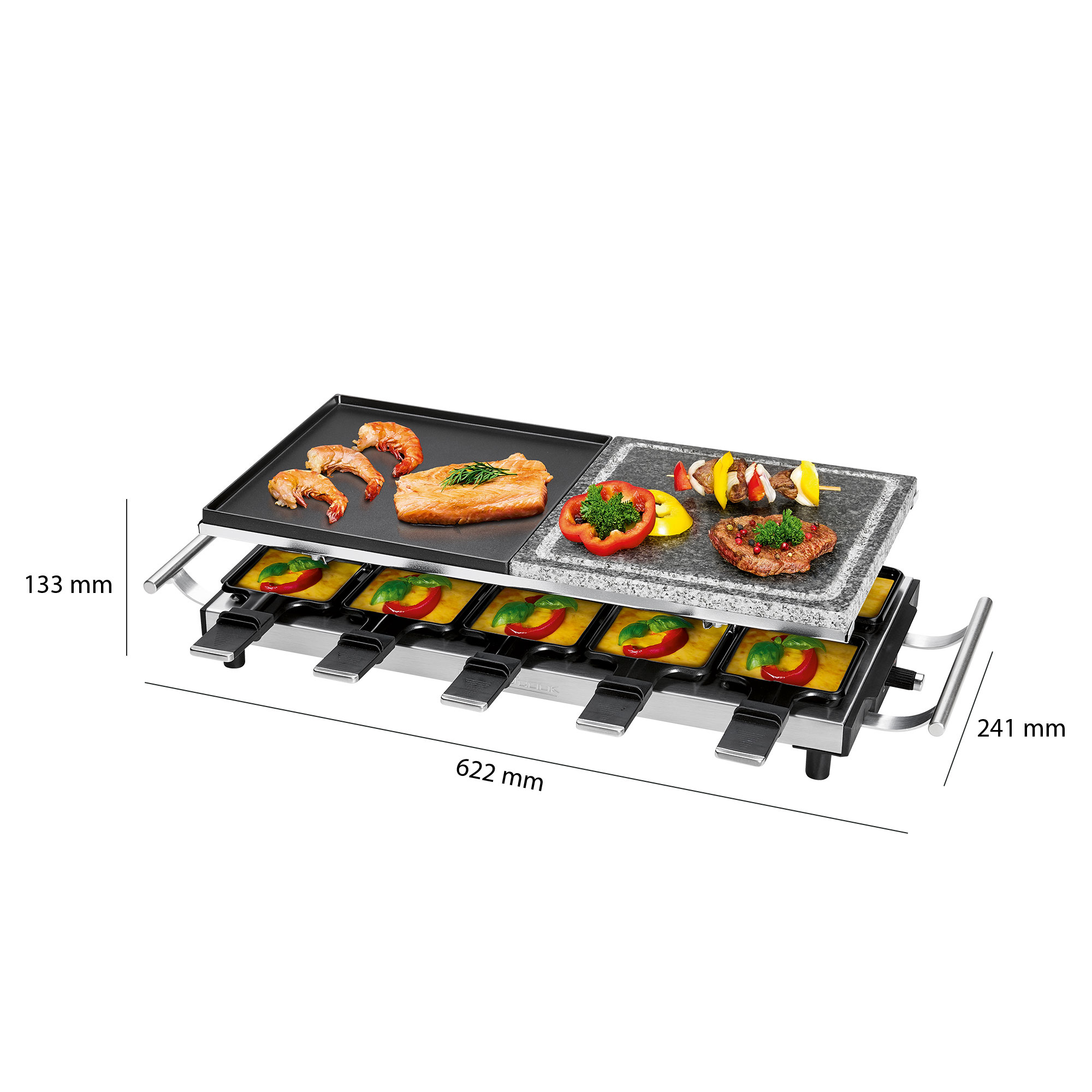 Grill do raclette z jedzeniem i wymiarami na białym tle.