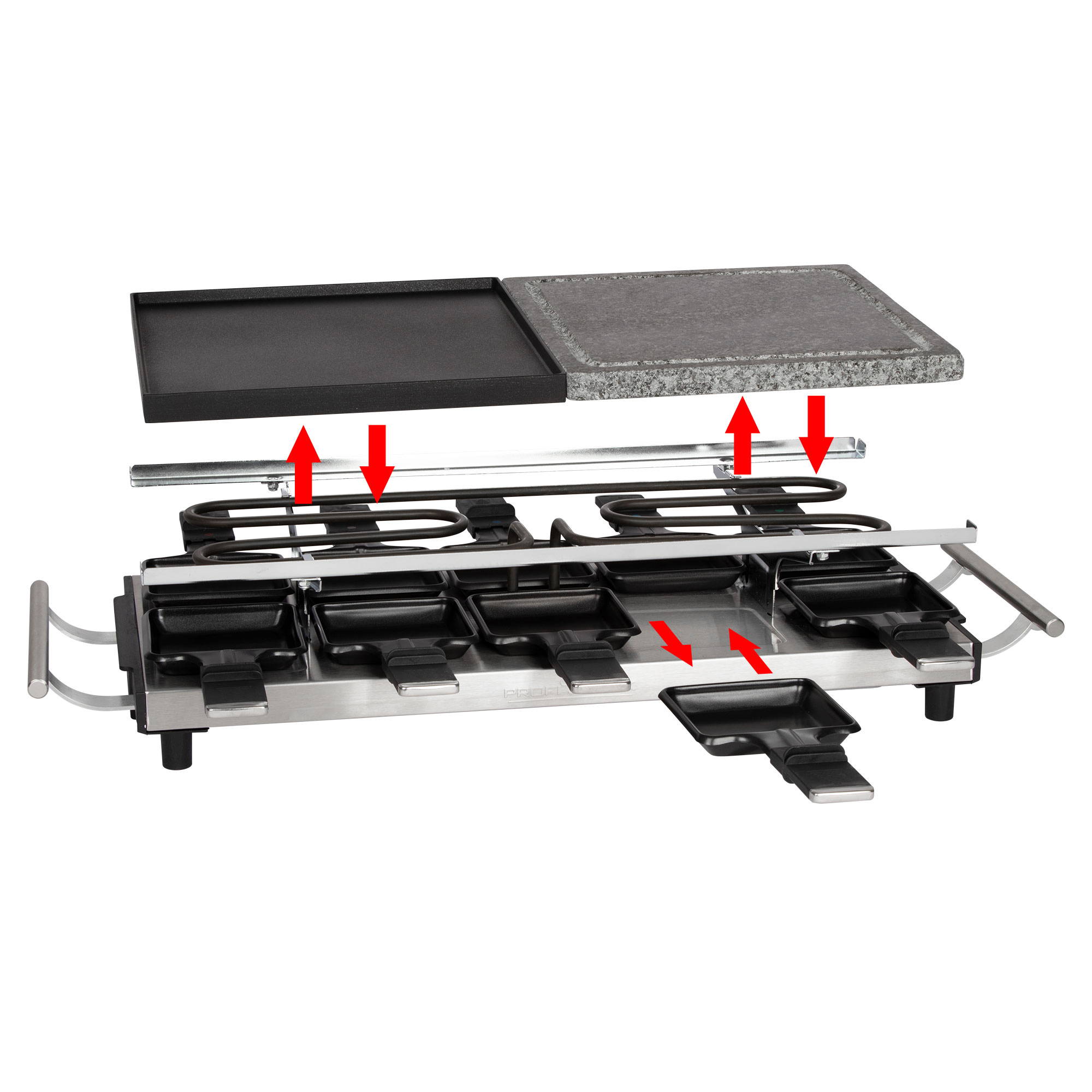 Grill do raclette z elementami grzewczymi, tackami na ser i płytami grillowymi, gotowy.