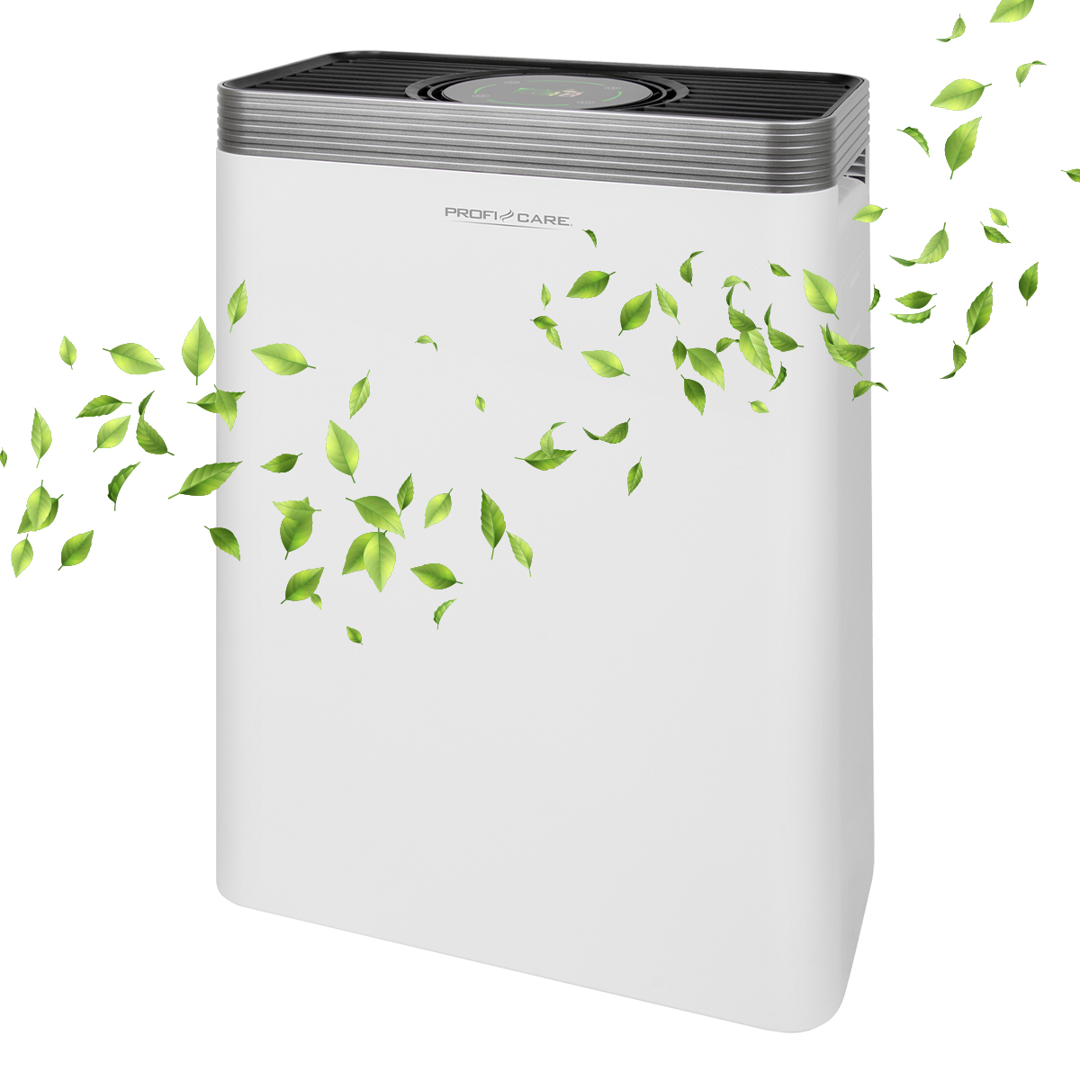 Biały oczyszczacz powietrza z zielonymi liśćmi. Tło jest białe.