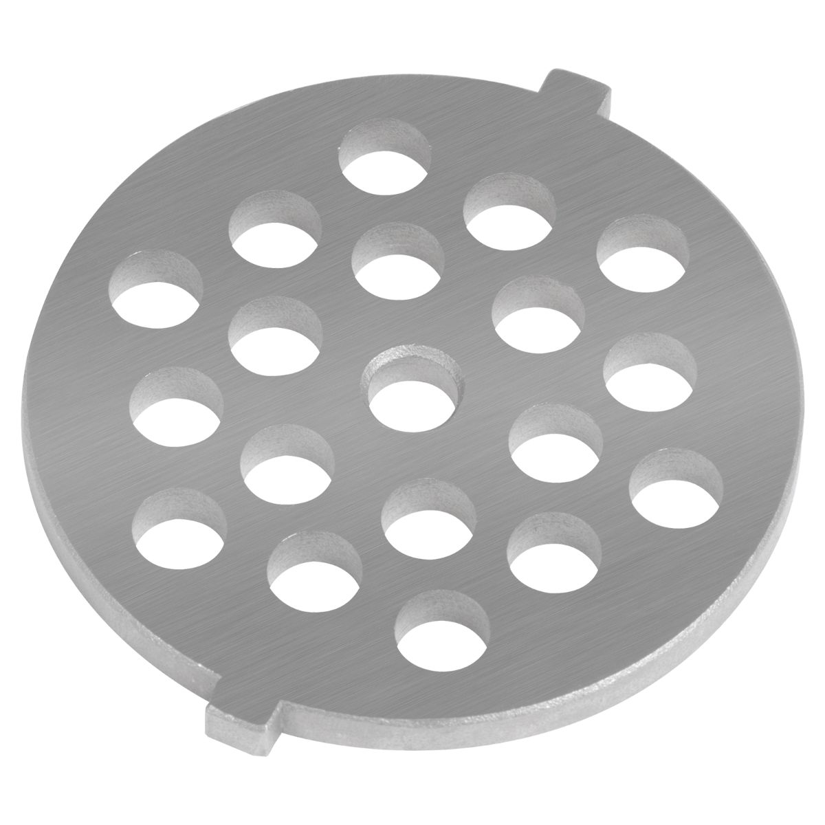 Okrągła metalowa płyta szlifierska z wieloma otworami, na czarnym tle.