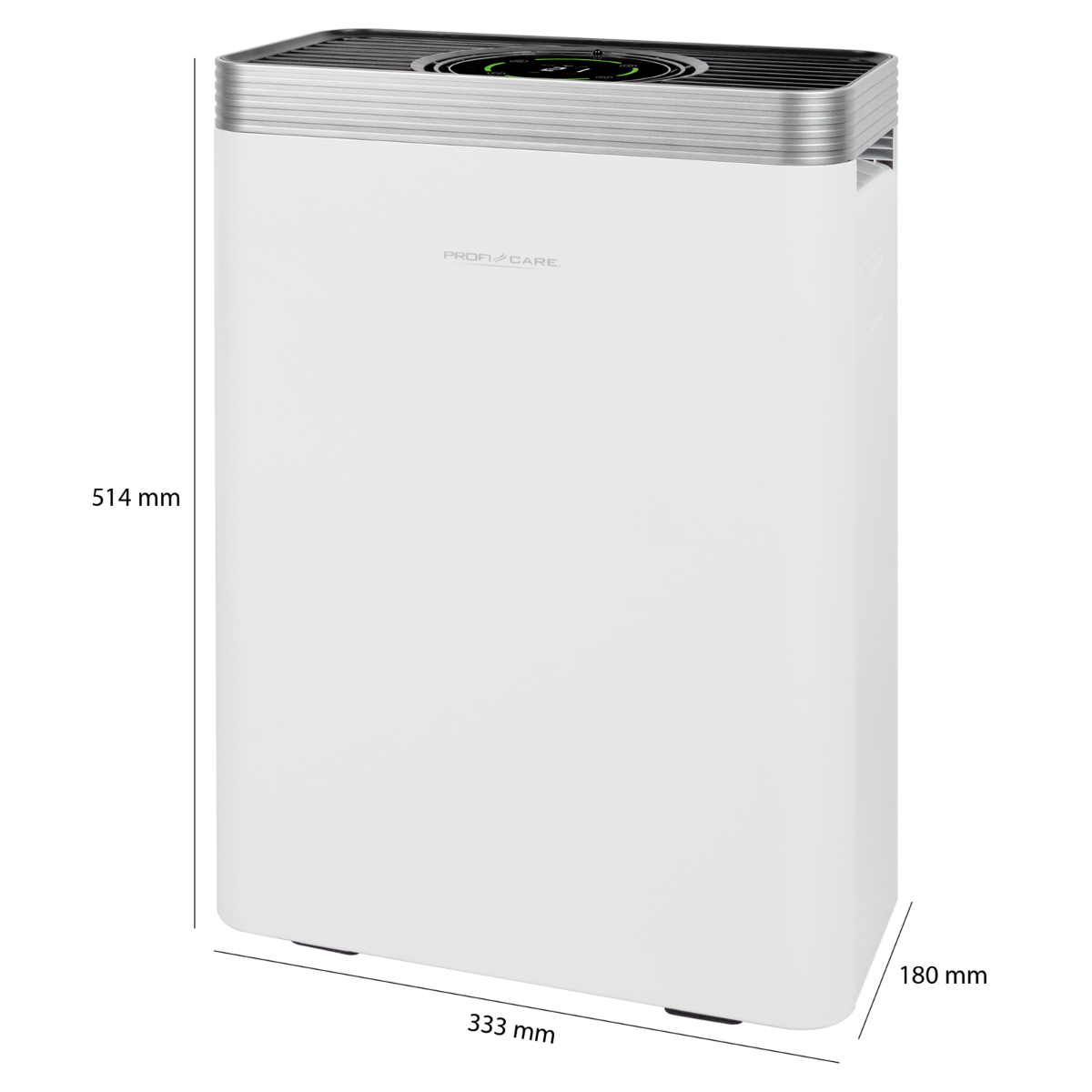 Biały oczyszczacz powietrza ProfiCare. Ma prostokątny kształt z wymiarami zaznaczonymi na zdjęciu.