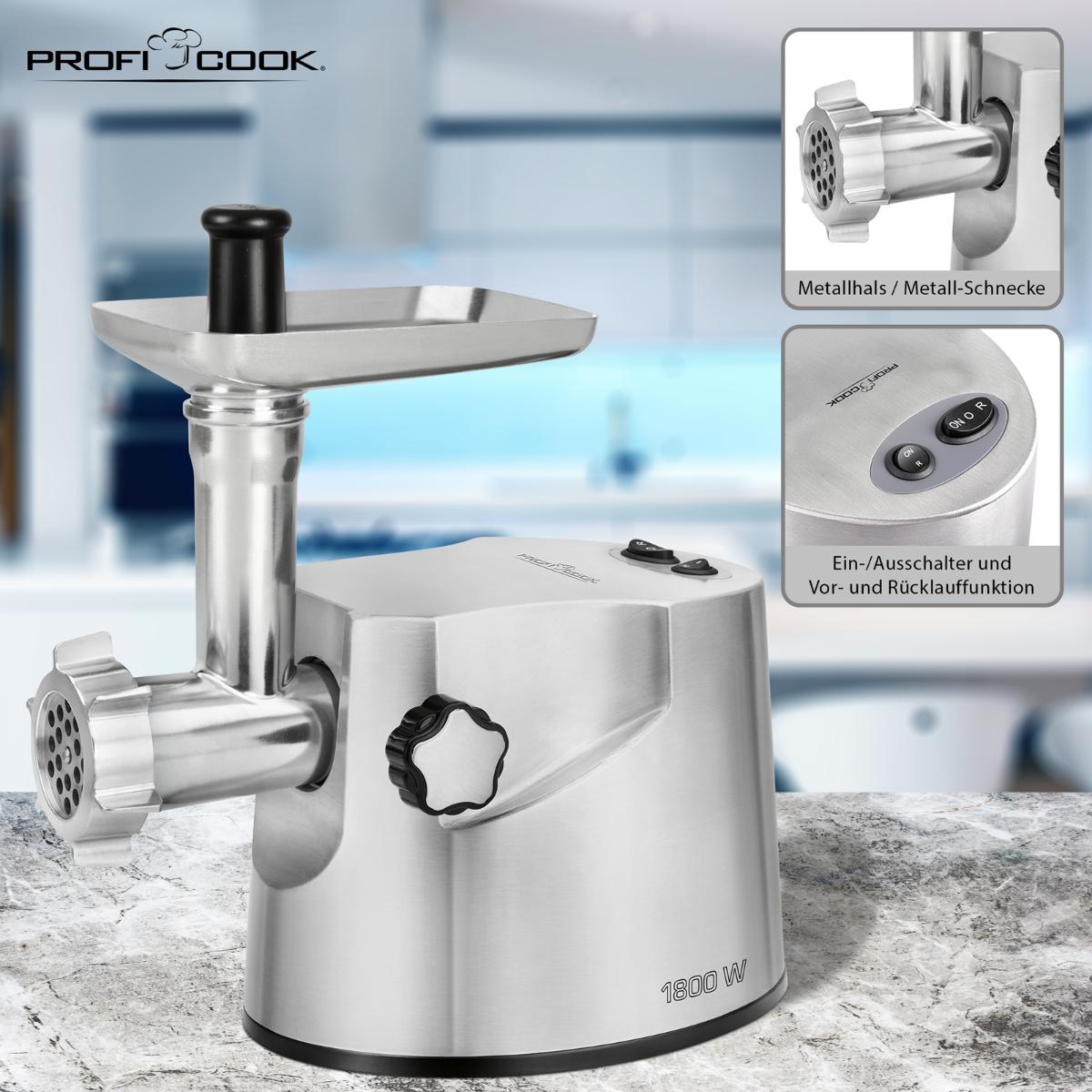 Srebrna maszynka do mięsa z oznaczonymi częściami. Marmurowa powierzchnia, rozmyte tło.