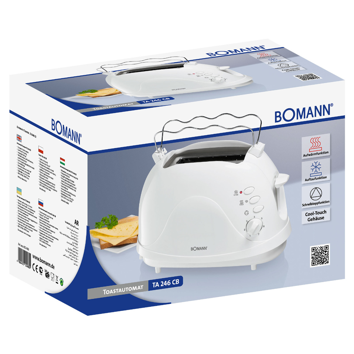 Biały toster Bomann w pudełku z kromką chleba i serem na przodzie. Wiele przycisków.
