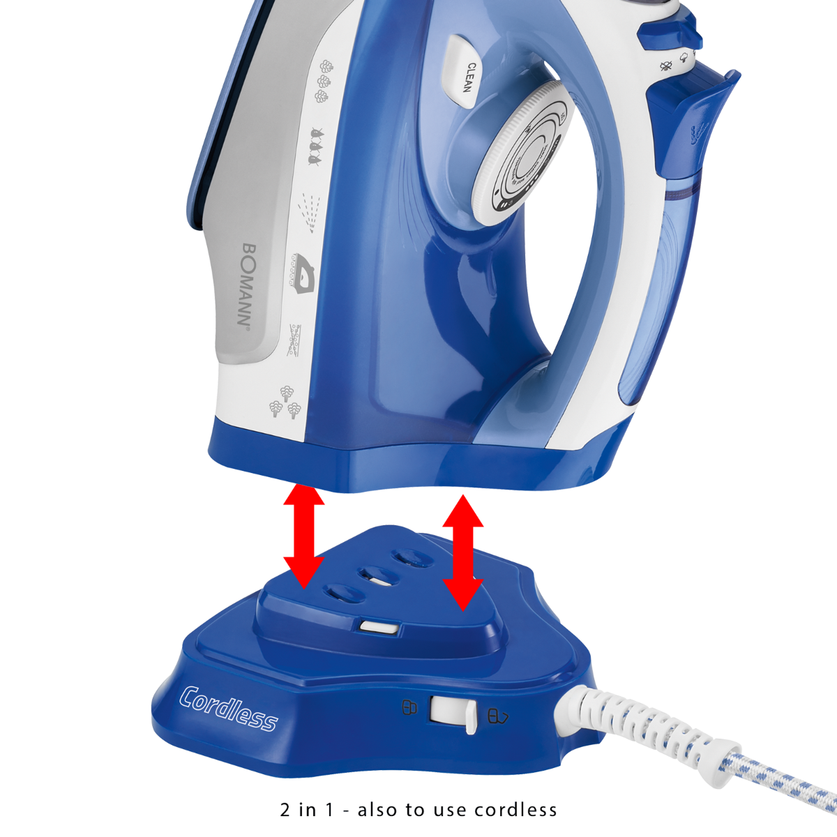 Niebiesko-białe żelazko bezprzewodowe z podstawą, strzałki wskazują proces odłączania.