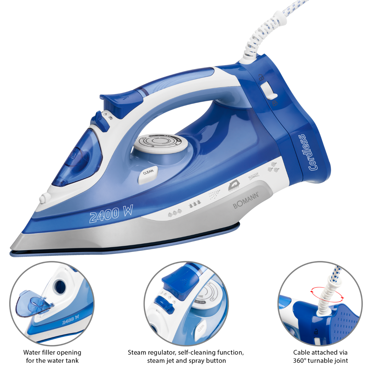 Niebieskie i białe żelazko ze szczegółami. Szczegóły obejmują wlot wody i pokrętło.