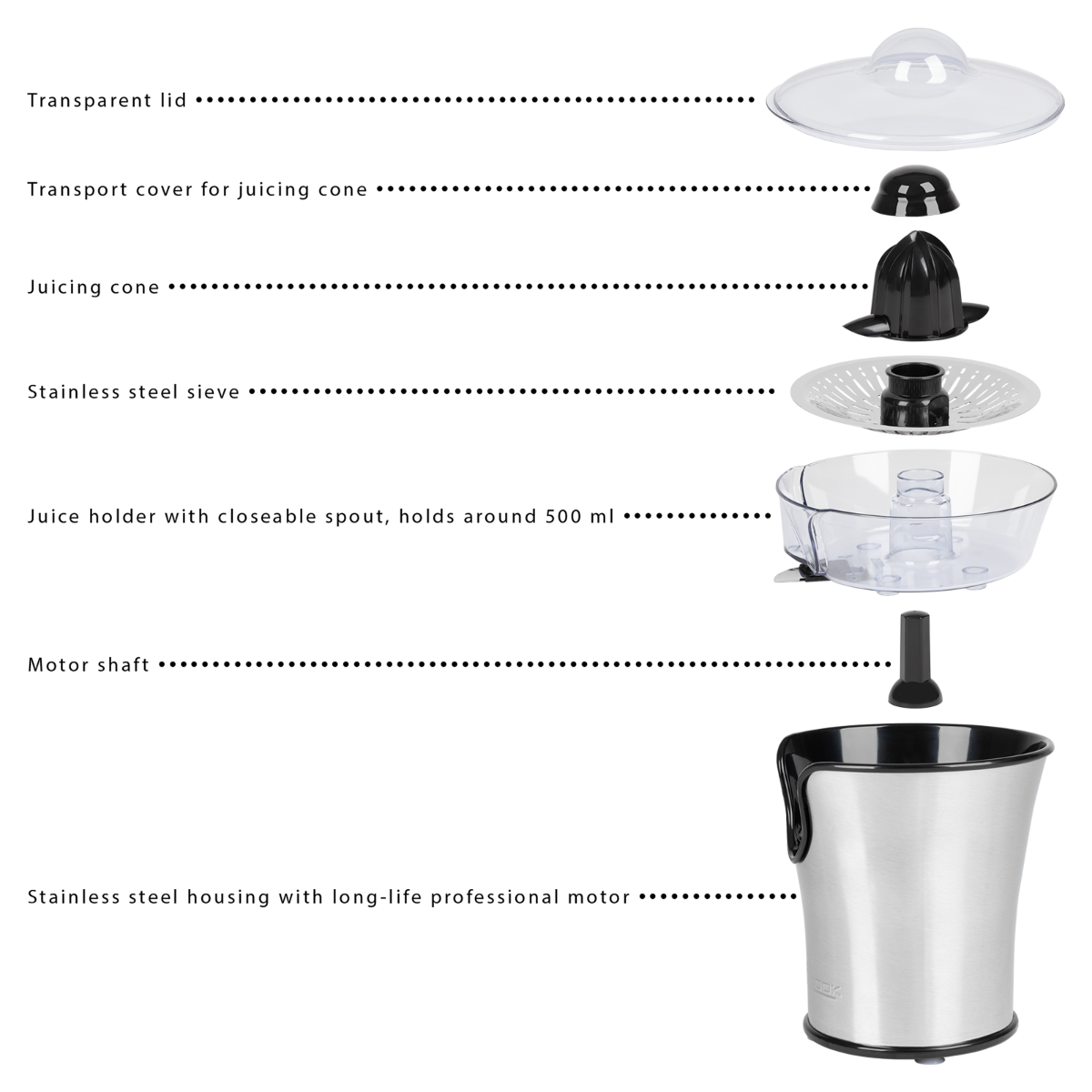 Zdemontowana elektryczna wyciskarka do cytrusów z pionowo ułożonymi elementami na czarnym tle.